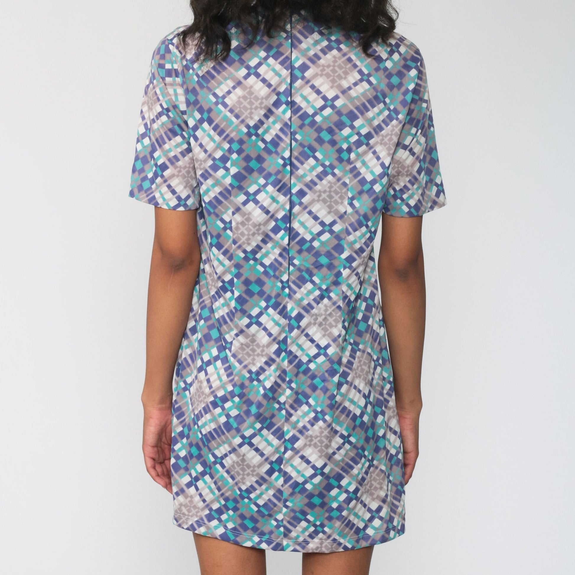 60s Mod Checkered Mini Shift Dress Purple Plaid Short Sleeve Medium Large
