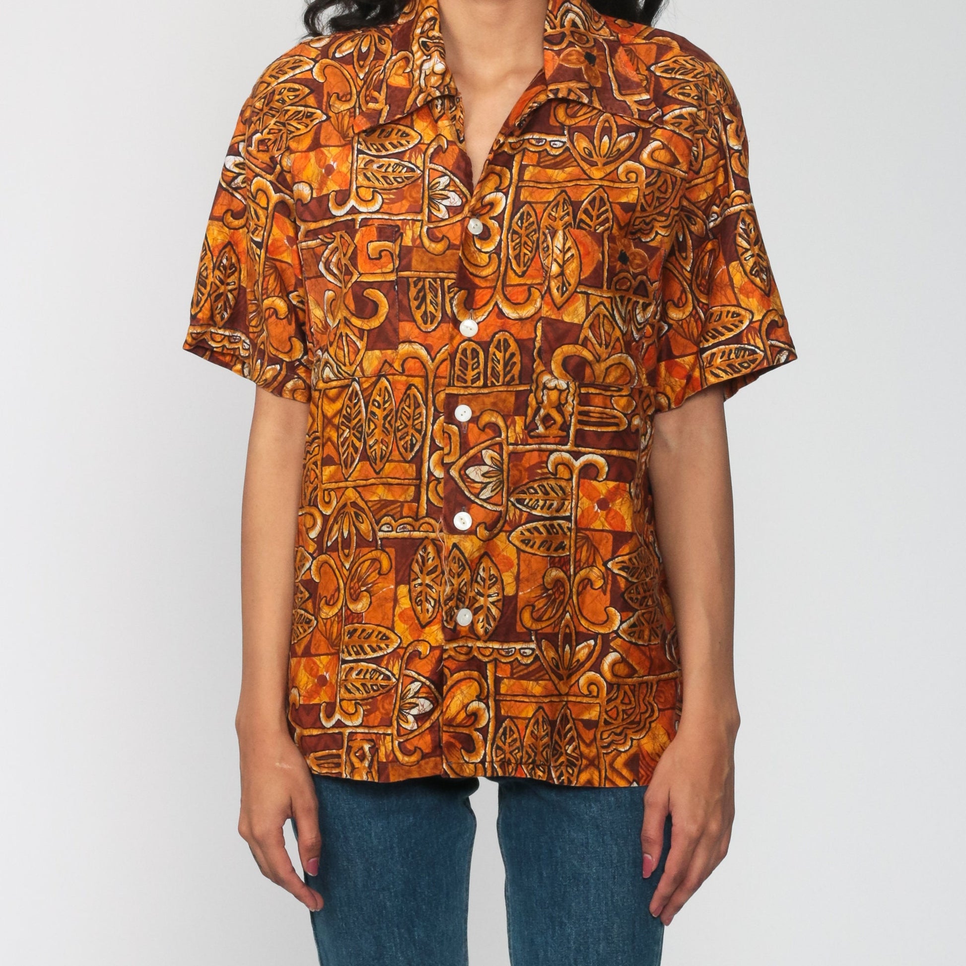 70s Hawaiian Tiki Print Button-Up Shirt Orange Tropical Blouse Medium Large