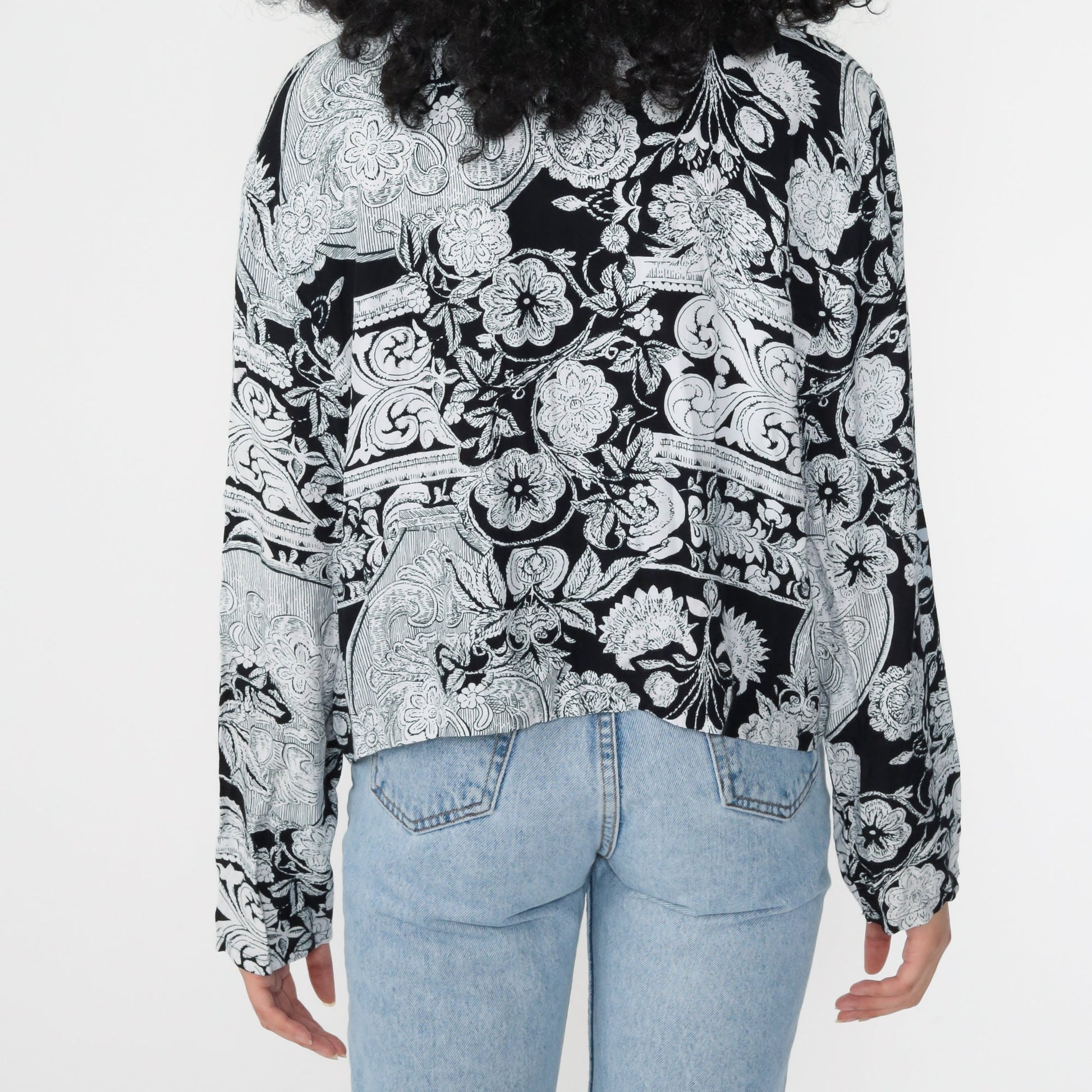 90s Ashton Laurel Floral Rayon Button-Up Blouse Grey Long Sleeve Extra Large