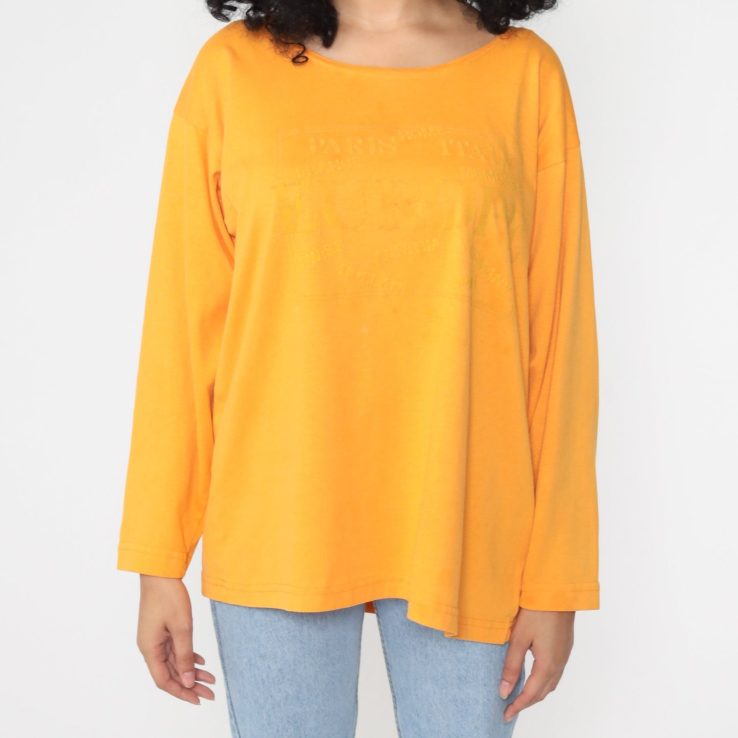 90s Europe Travel Graphic Long Sleeve T-Shirt Yellow Cotton Extra Large XL
