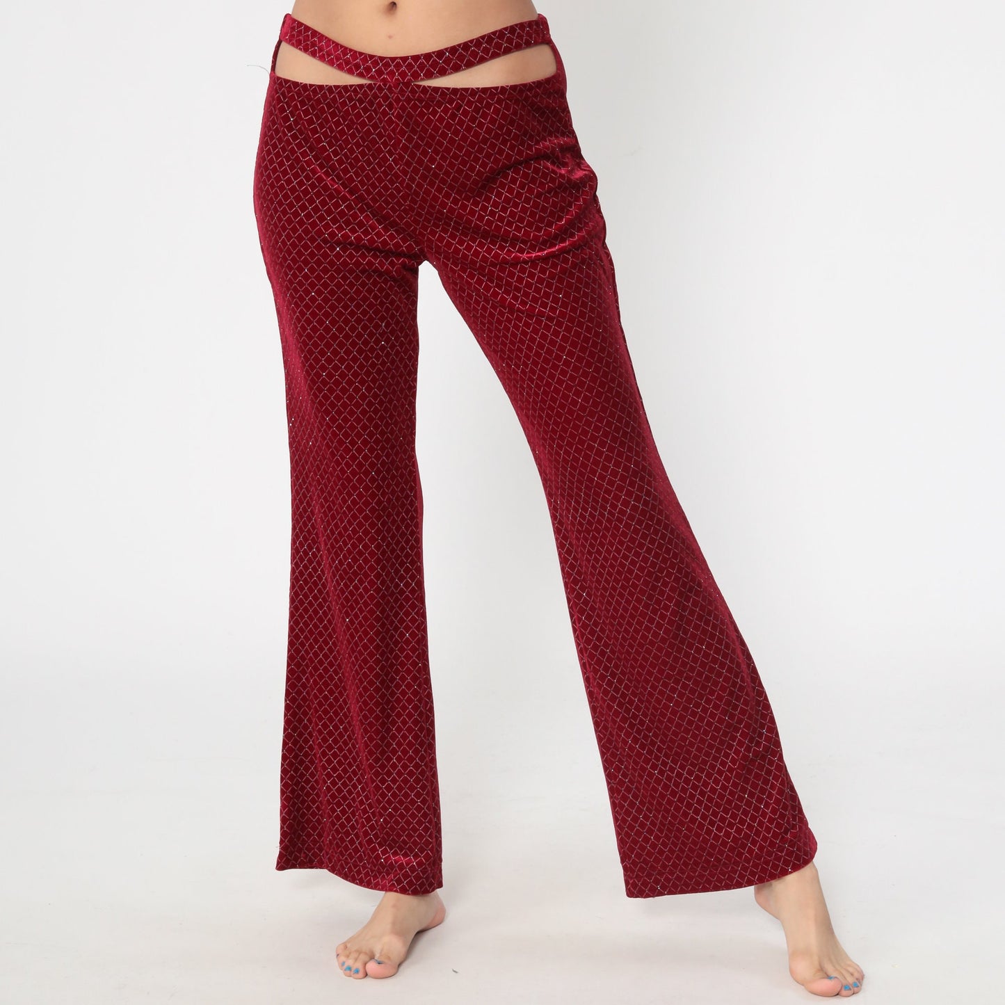 90s Red Velvet Bell Bottom Pants Glitter Cutout Clubwear Medium Large