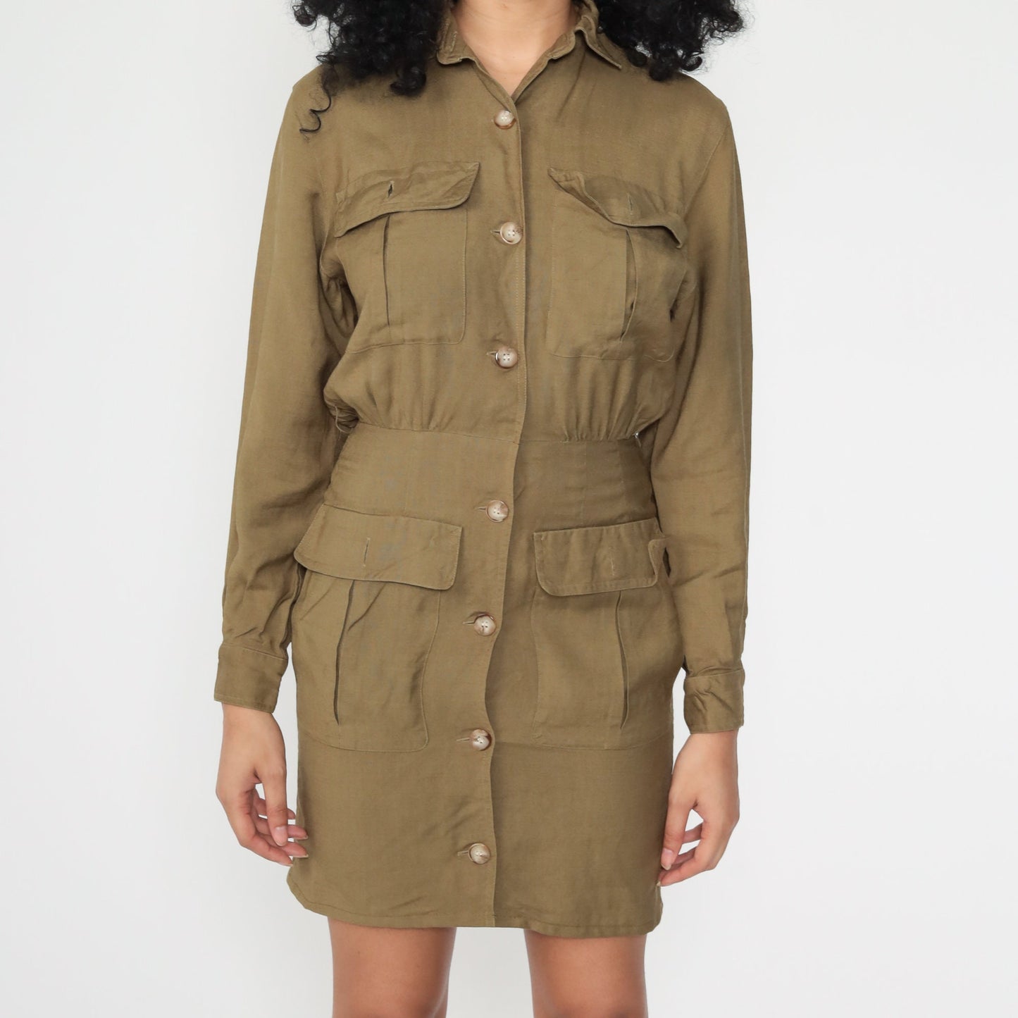 80s Liz Claiborne Cargo Shirt Dress Olive Green Button-Up Mini Extra Small