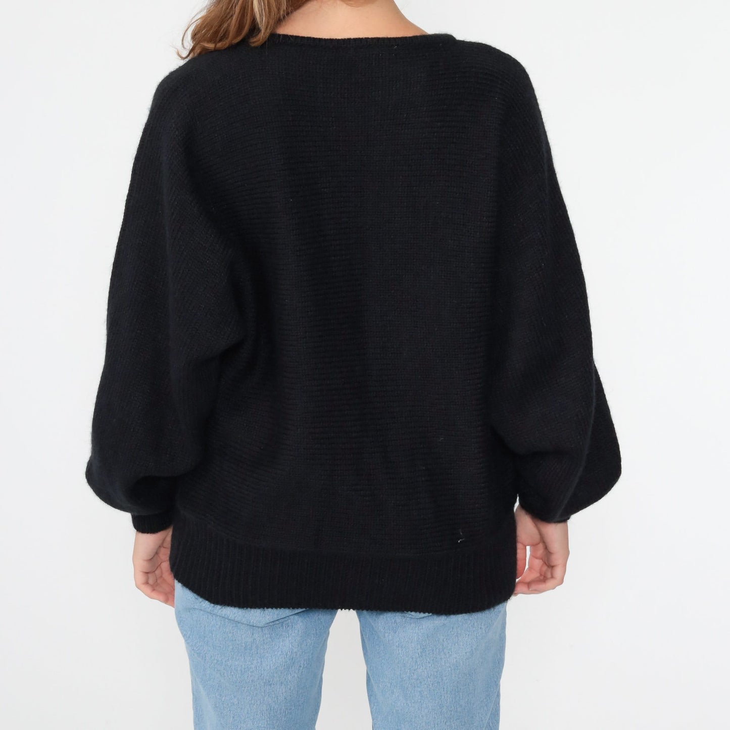 80s Black Angora Floral Sweater Dolman Sleeve Knit Pullover Large