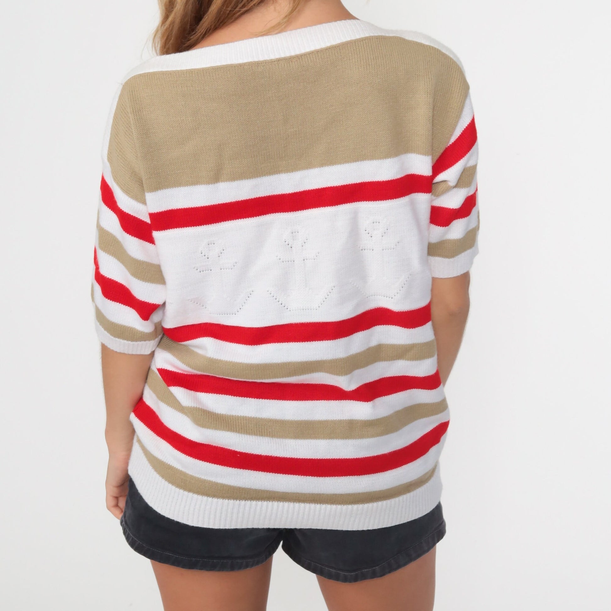 80s Anchor Nautical Striped Knit Sweater White Red Boatneck Short Sleeve Large