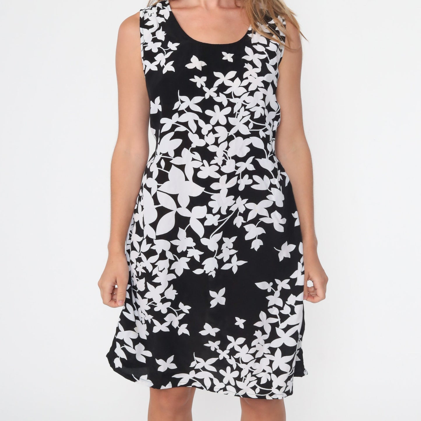 90s Black Floral Rayon Mini Dress Sleeveless Shift with Belt Medium Large