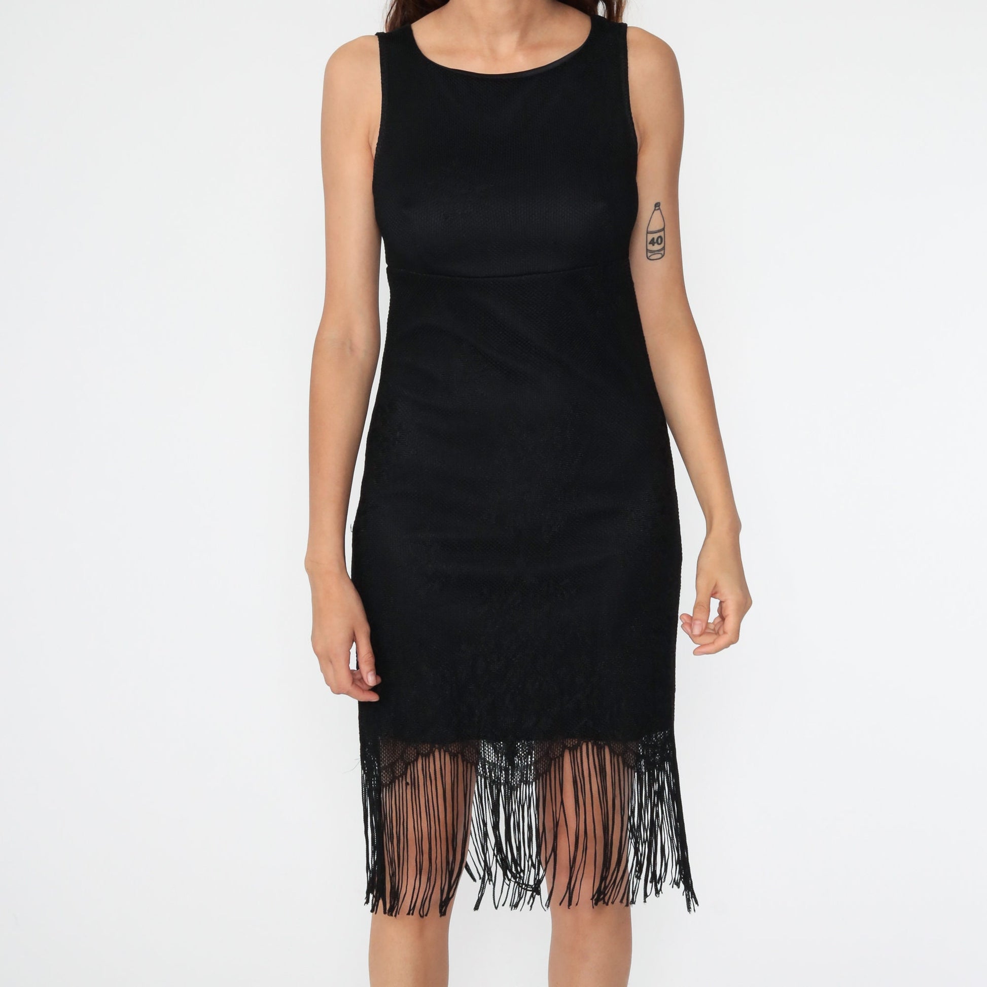 90s Black Lace Fringe Mini Dress Sleeveless Small Medium