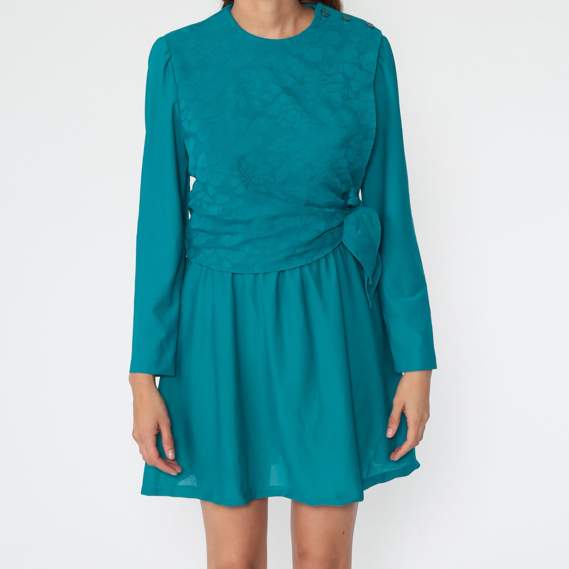 80s Teal Floral Mini Dress Puff Sleeve Fit and Flare Small Medium