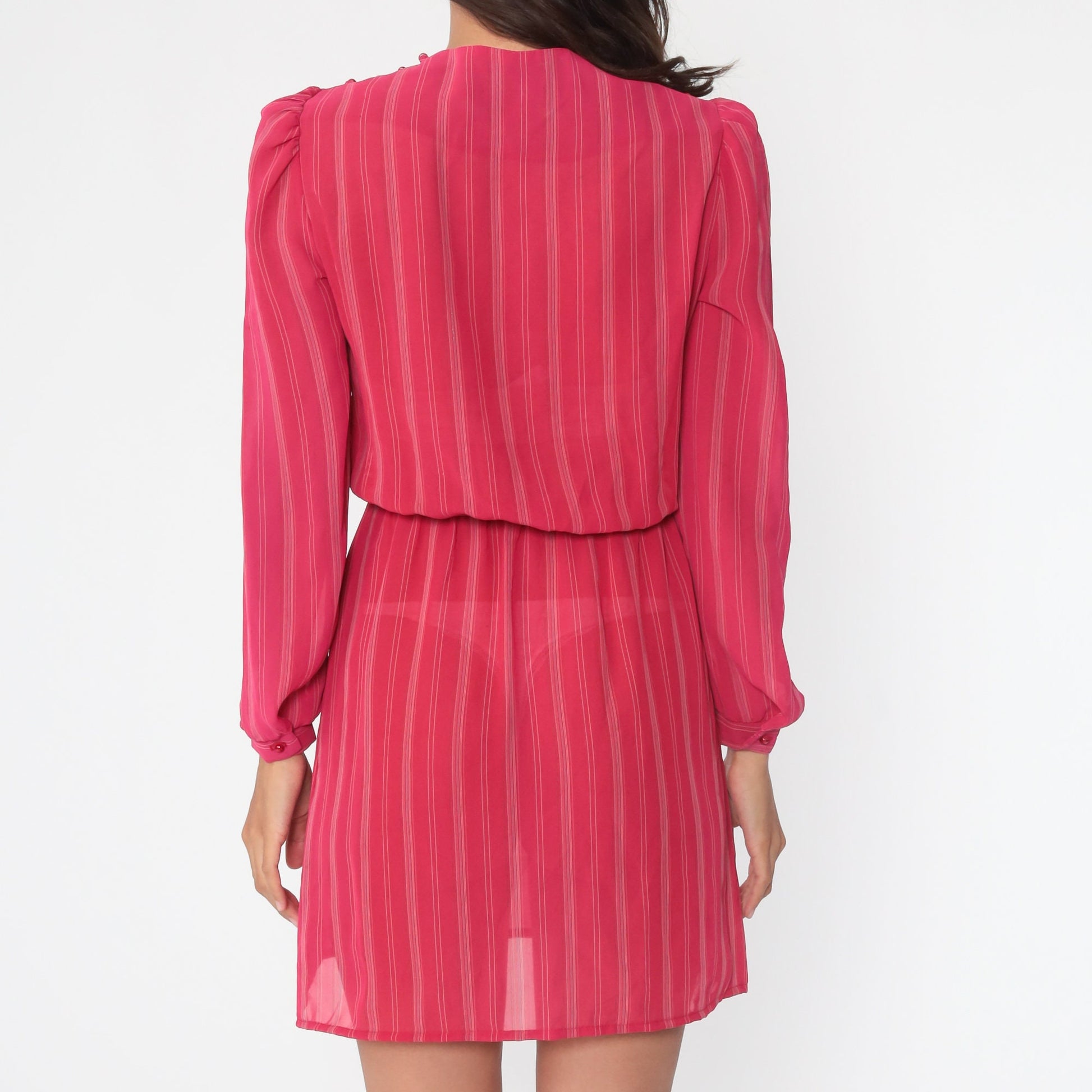 80s Puff Sleeve Mini Dress Red Striped Semi-Sheer Polyester Extra Small