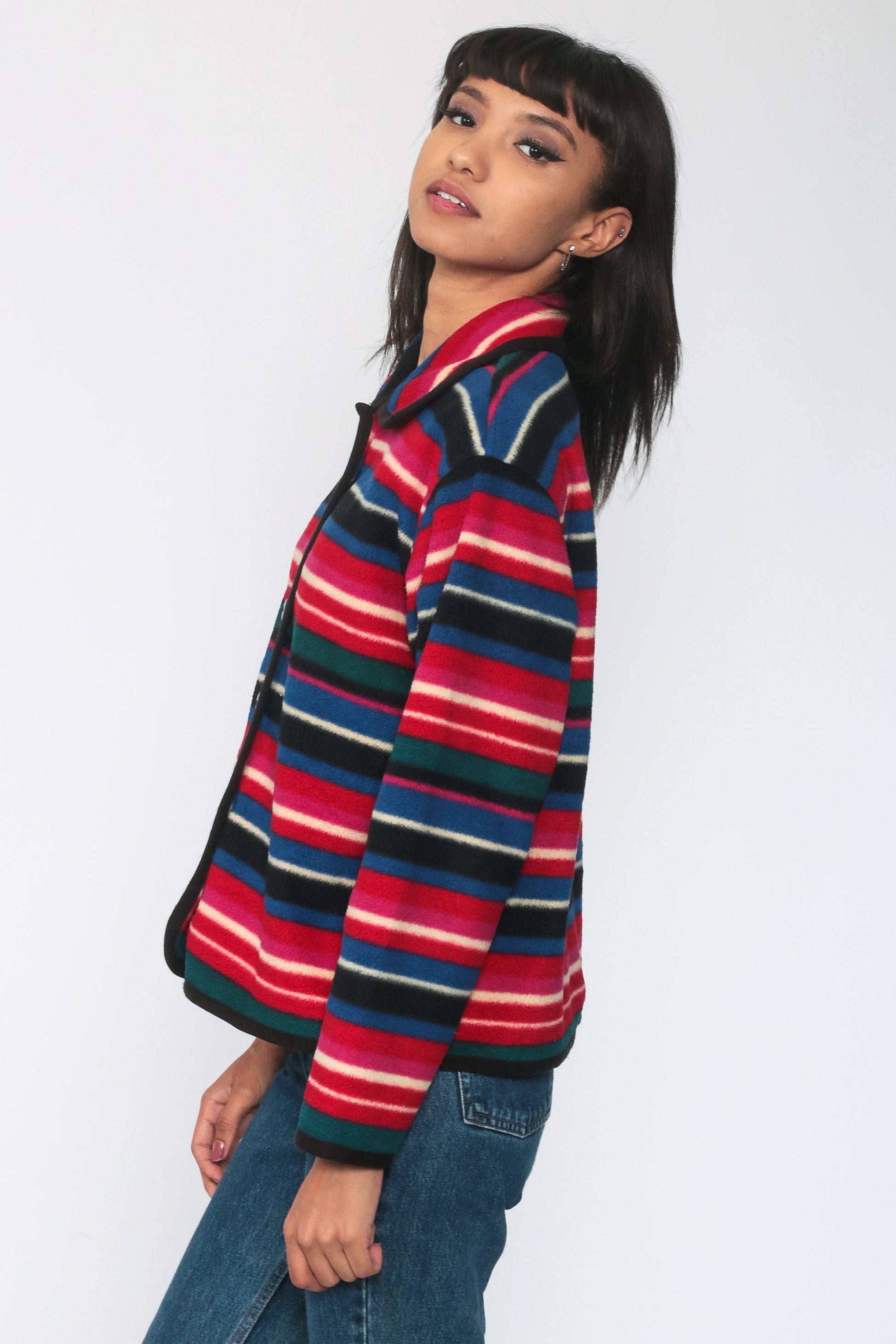 90s Striped Fleece Button-Up Jacket Red Blue Cropped Medium M