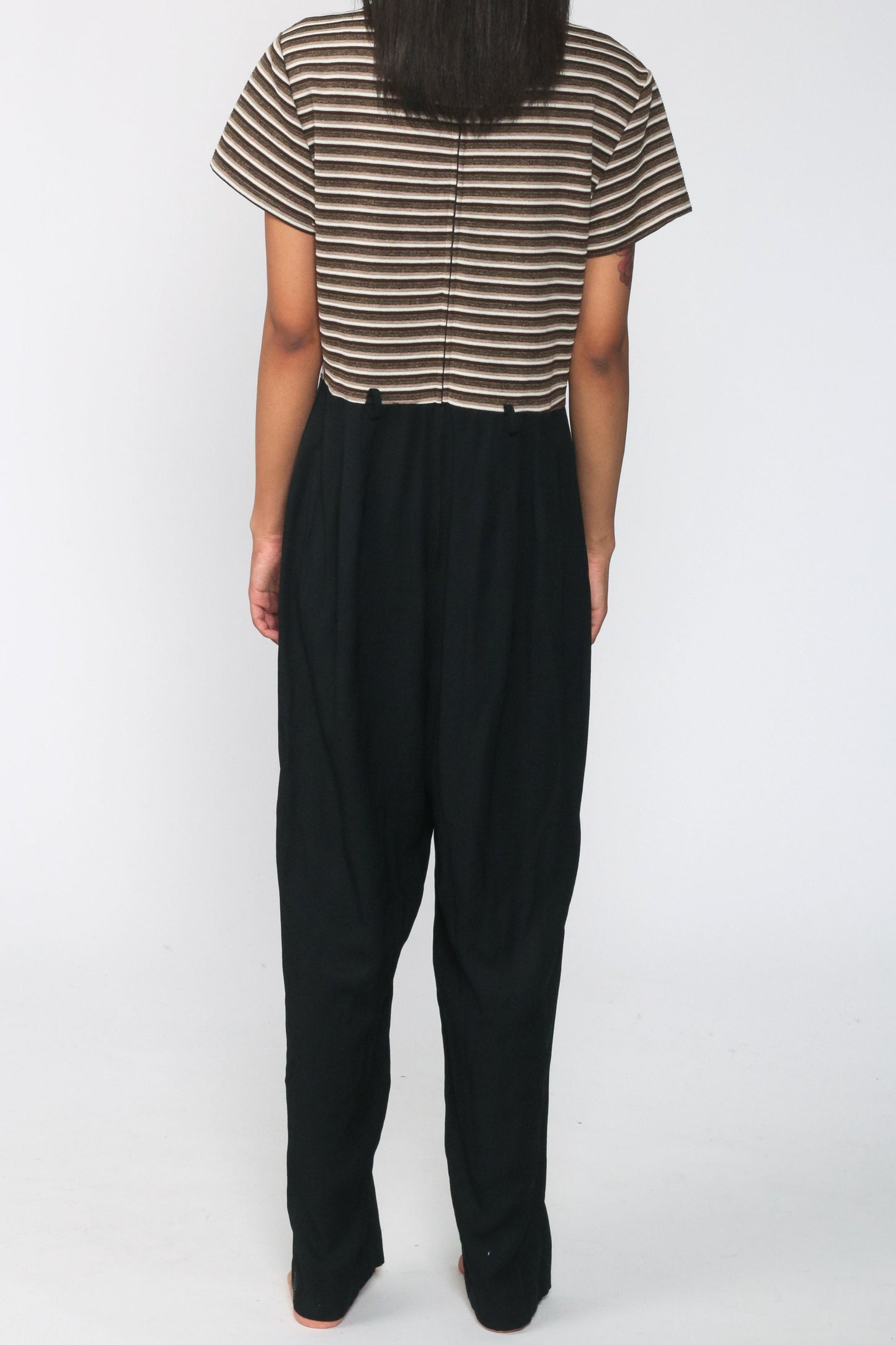 80s Striped Jumpsuit Black Tapered Legs Short Sleeve Medium Large