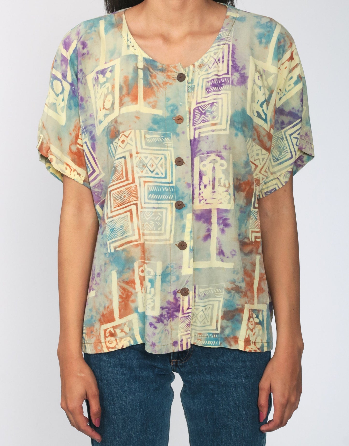 00s Tie Dye Batik Button Up Shirt Yellow Short Sleeve Extra Large XL