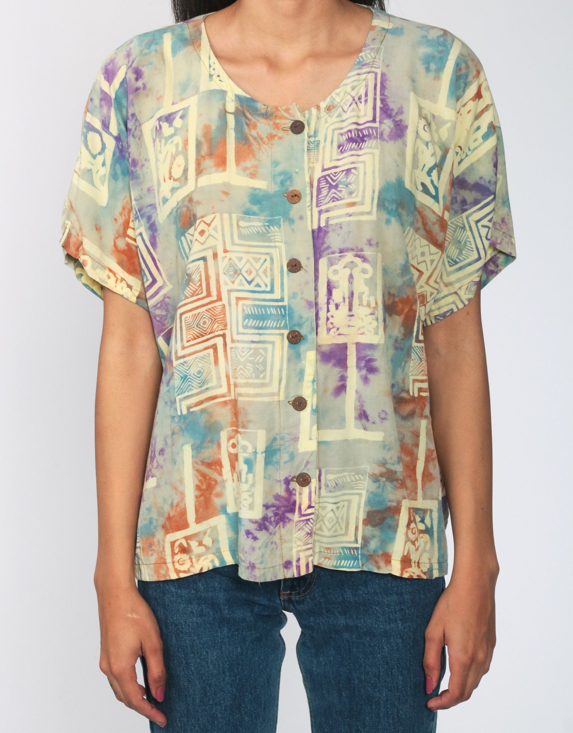 00s Tie Dye Batik Button Up Shirt Yellow Short Sleeve Extra Large XL