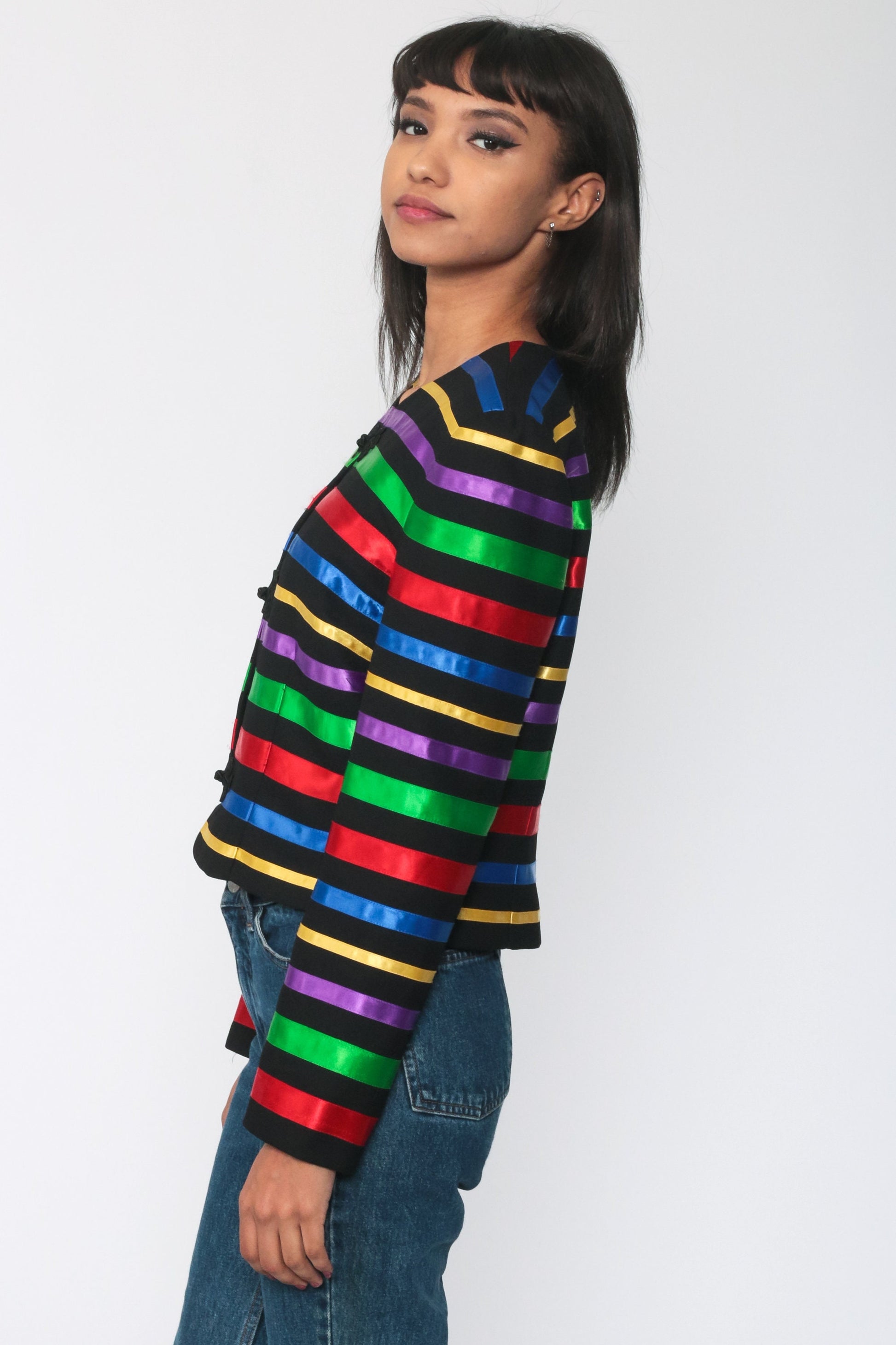 90s Rainbow Striped Jacket Frog Closure Button Up Cropped Medium M