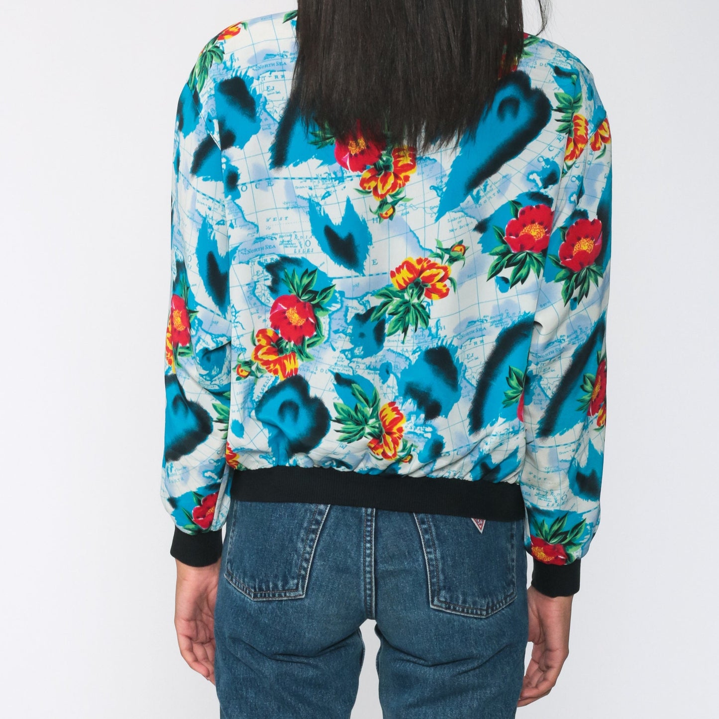 80s World Map Floral Windbreaker Jacket Blue Zip Bomber Small Medium