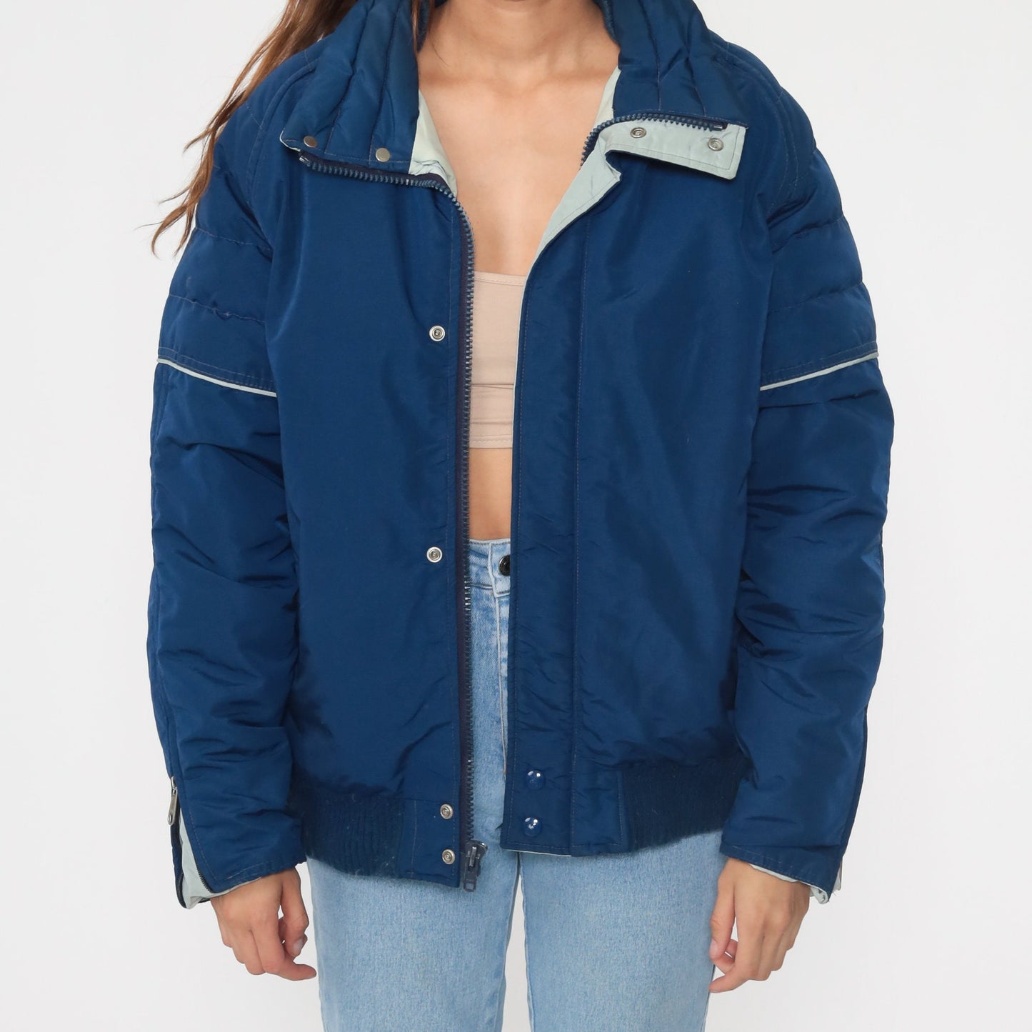 80s Blue Down Puffer Ski Jacket Nylon Striped Coat Large