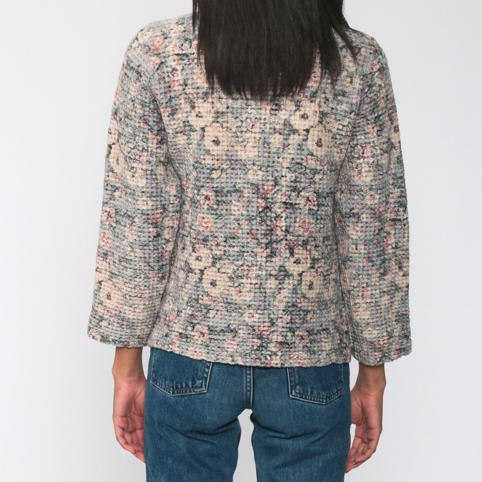90s Waffle Knit Floral Button-Up Shirt Long Sleeve Cotton Blend Small