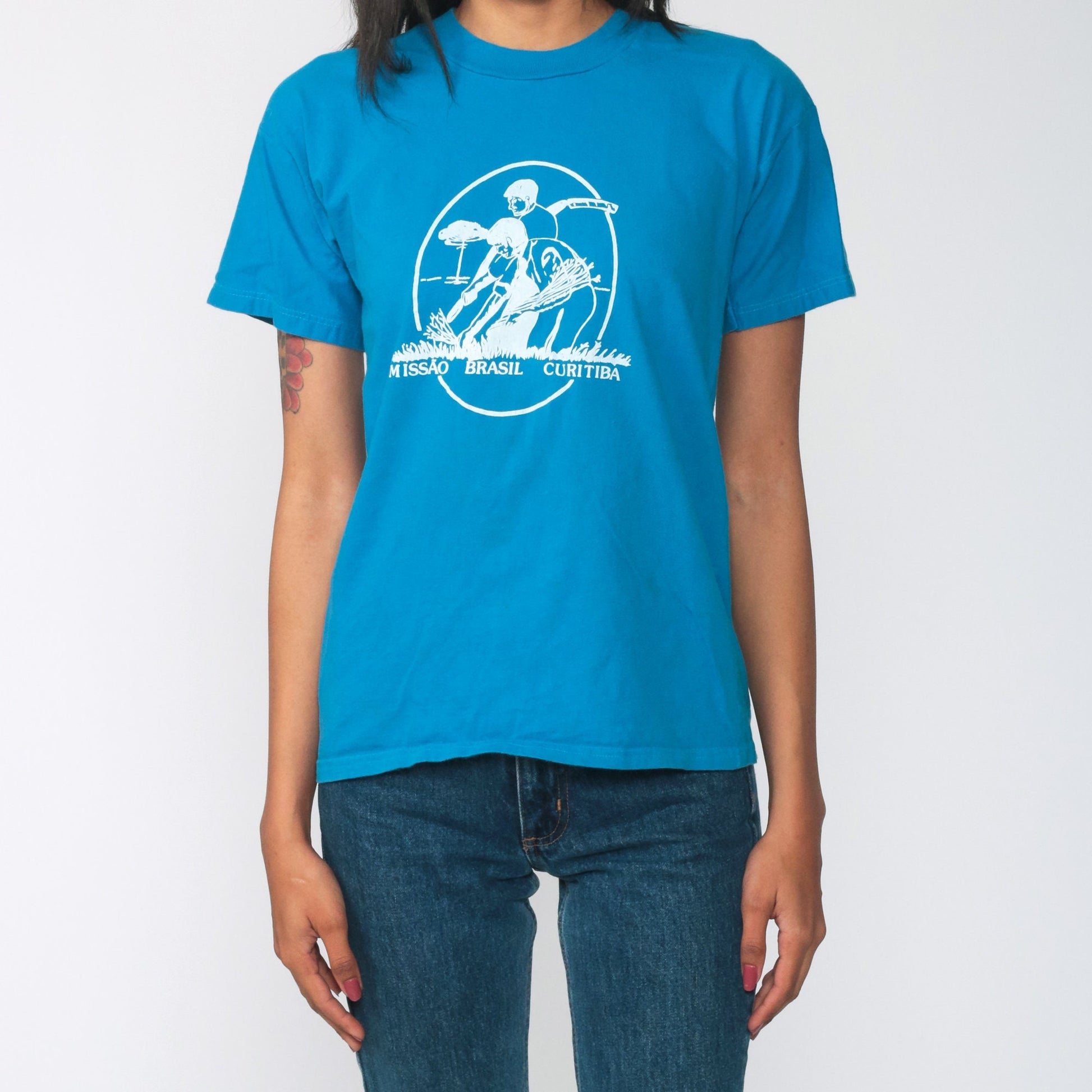 80s Curitiba Brazil Mission Graphic T-Shirt Cotton Blue Extra Small