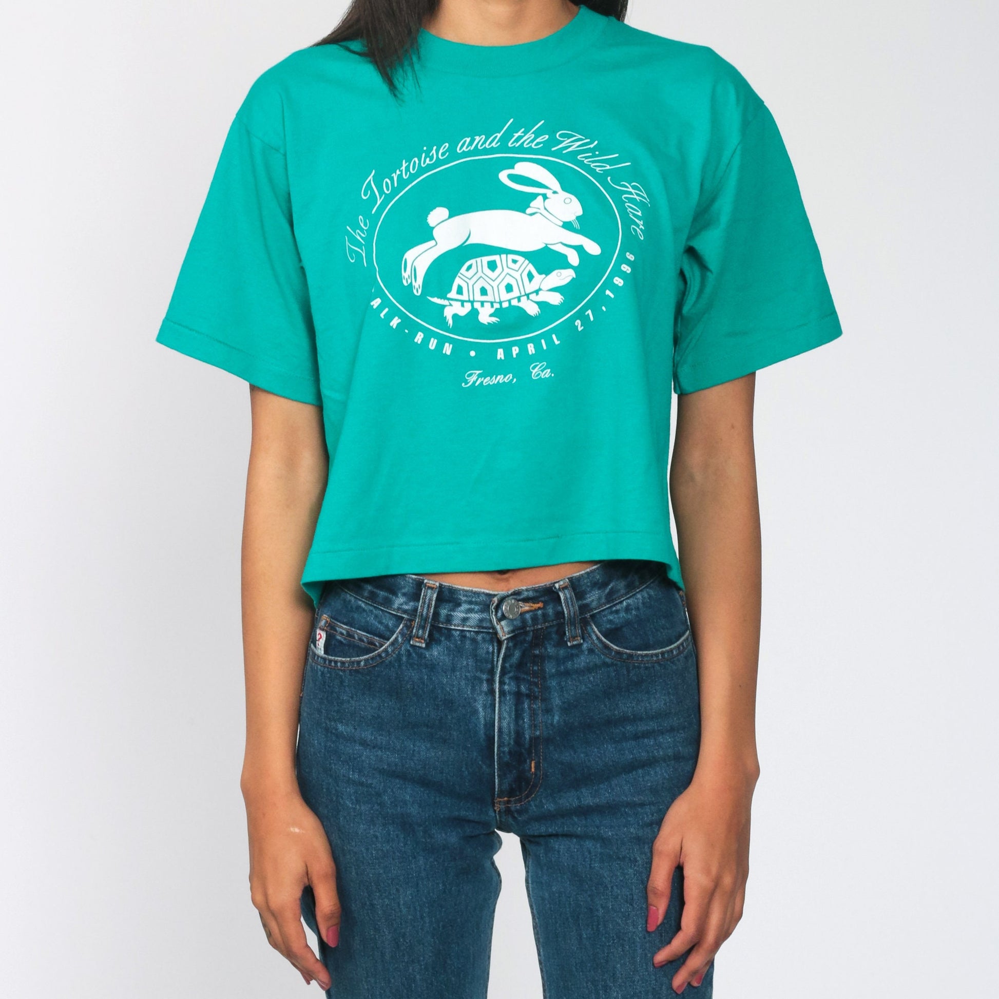 1996 Tortoise and Hare Fresno Walk Run Graphic Tee Green Small