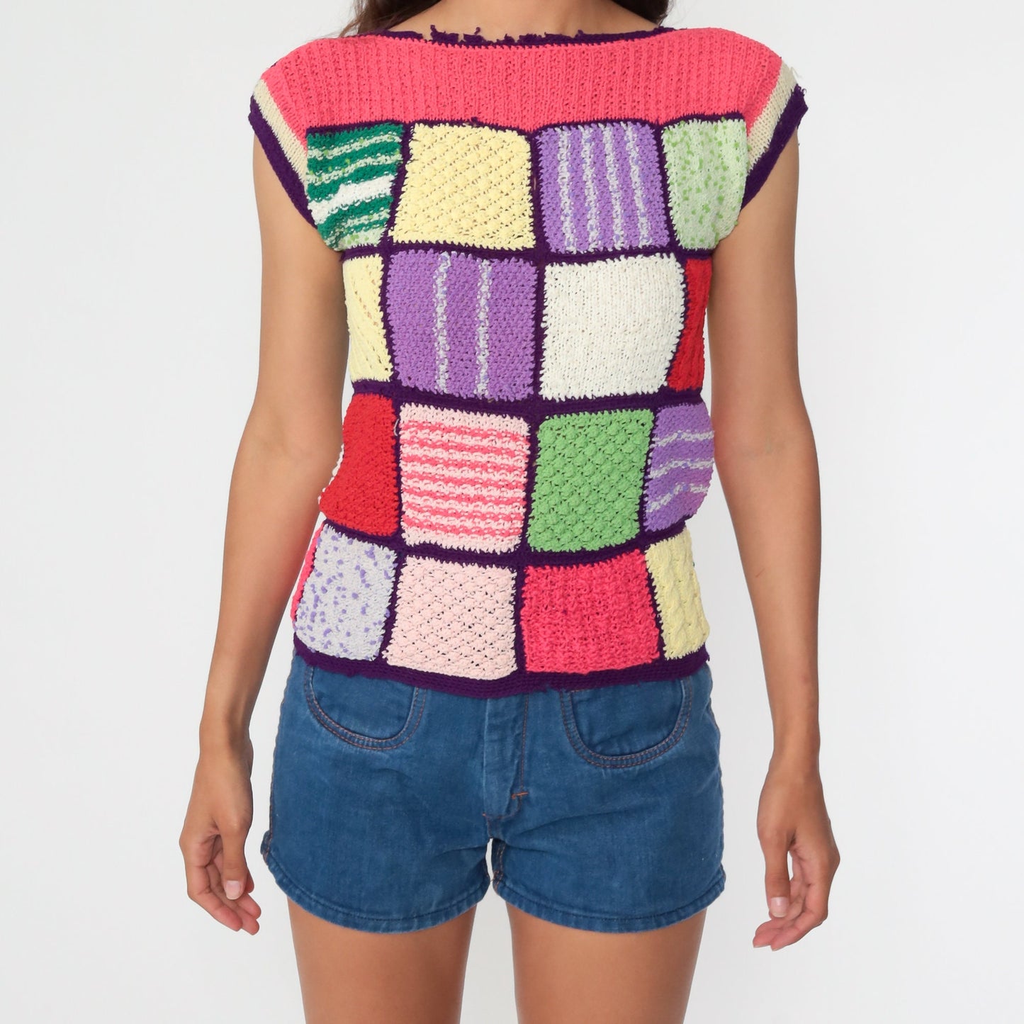 70s Patchwork Knit Top Rainbow Boatneck Short Sleeve Pink Purple Extra Small