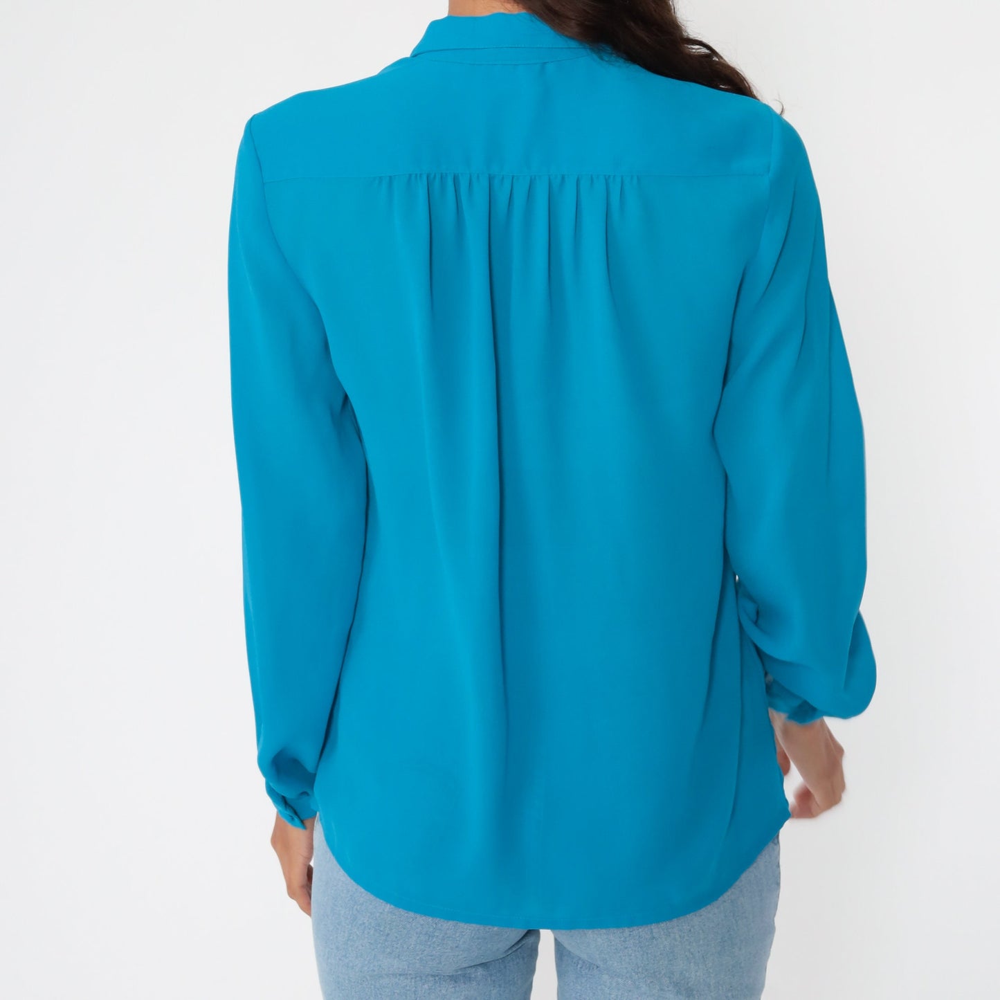 80s Blue Button-Up Blouse Collared Long Sleeve Shirt Medium