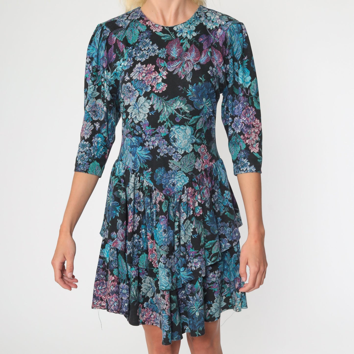 80s Tapestry Floral Mini Dress Puff Sleeve Drop Waist Black Blue Extra Small