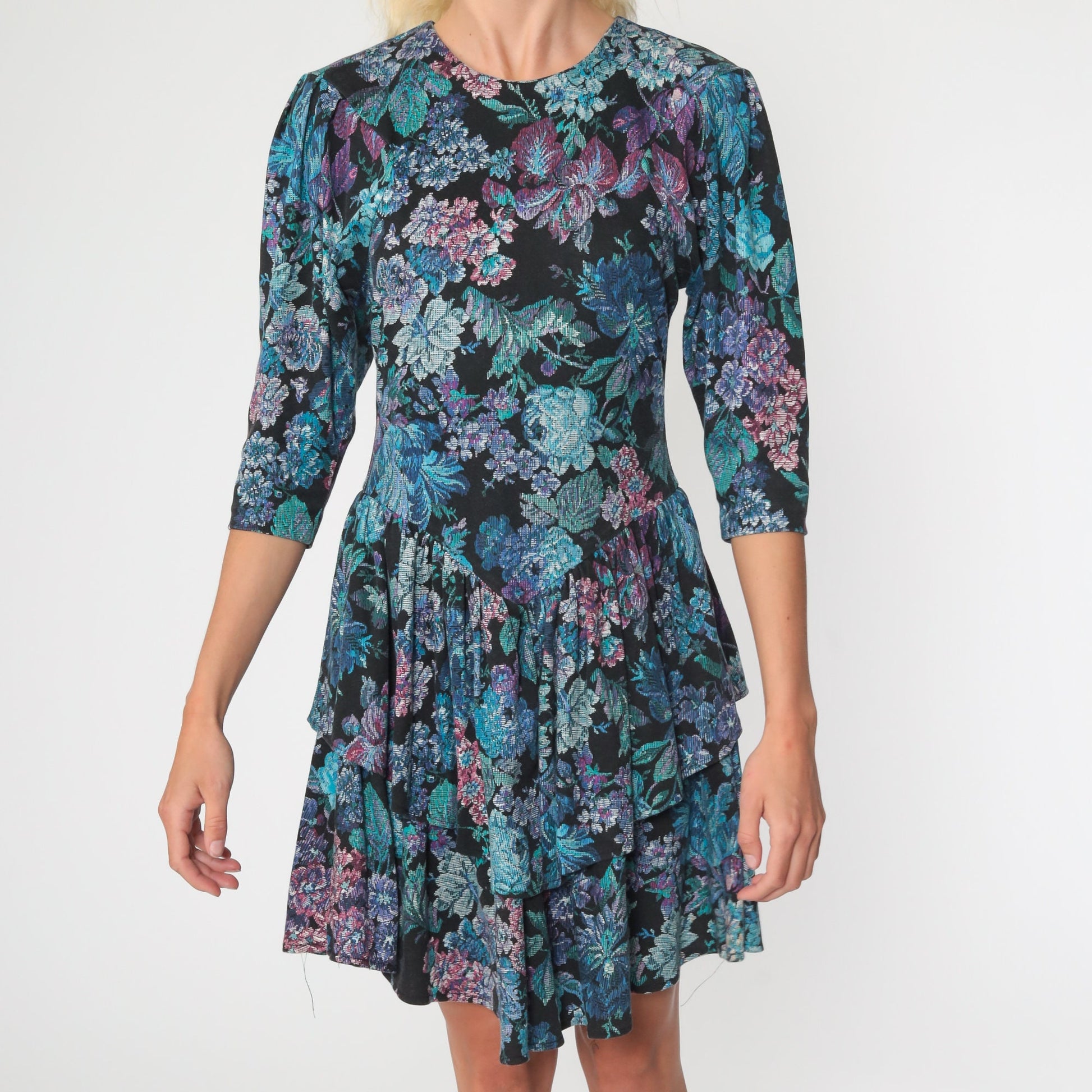 80s Tapestry Floral Mini Dress Puff Sleeve Drop Waist Black Blue Extra Small