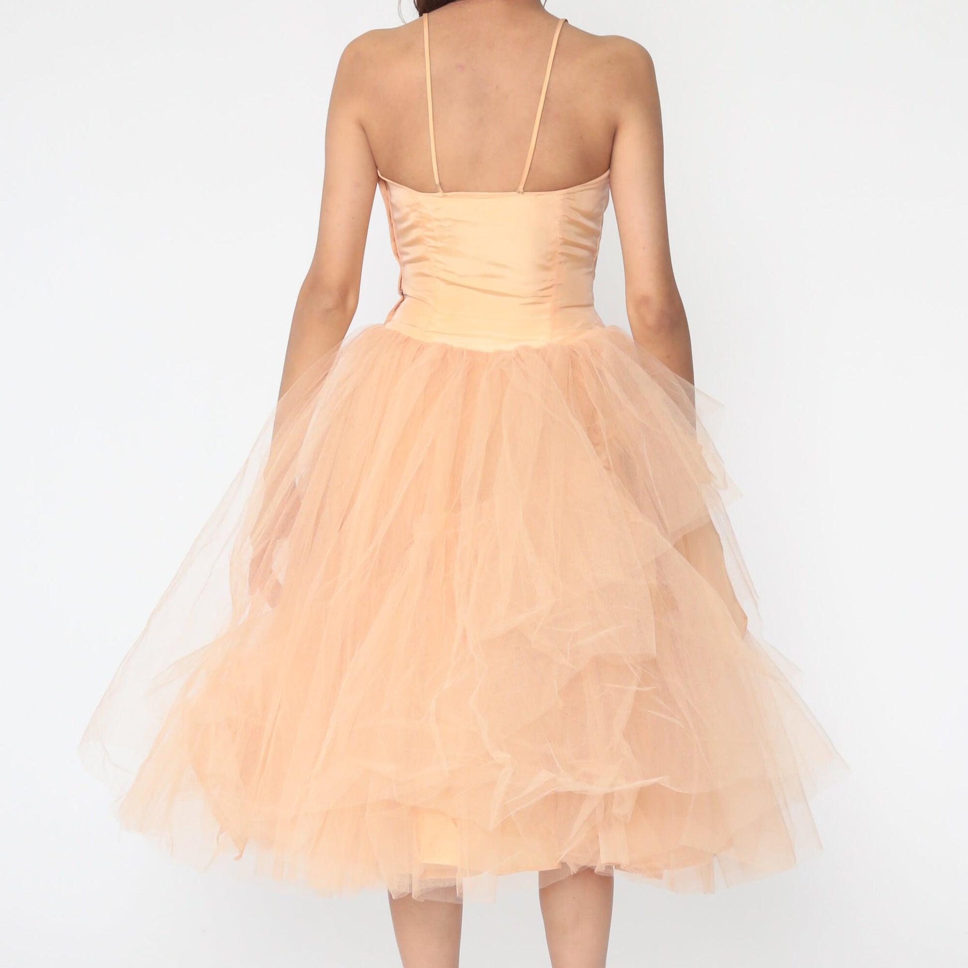 1950s Peach Tulle Party Dress Spaghetti Strap Gown Extra Small