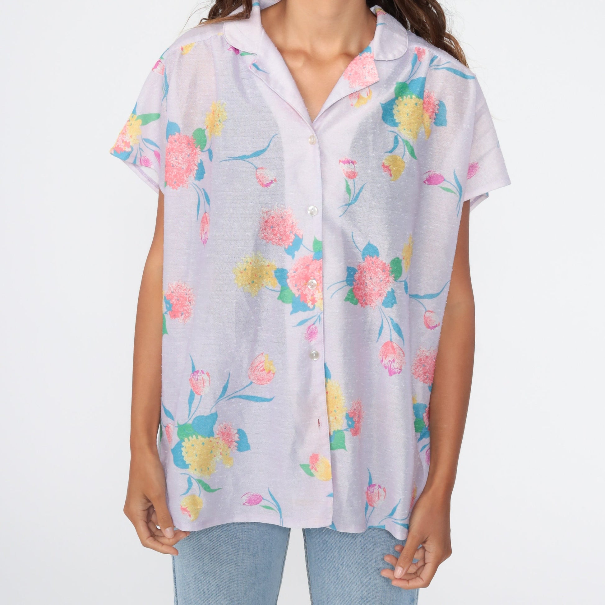 80s Lavender Floral Button-Up Blouse Short Sleeve Semi-Sheer Purple Top Large