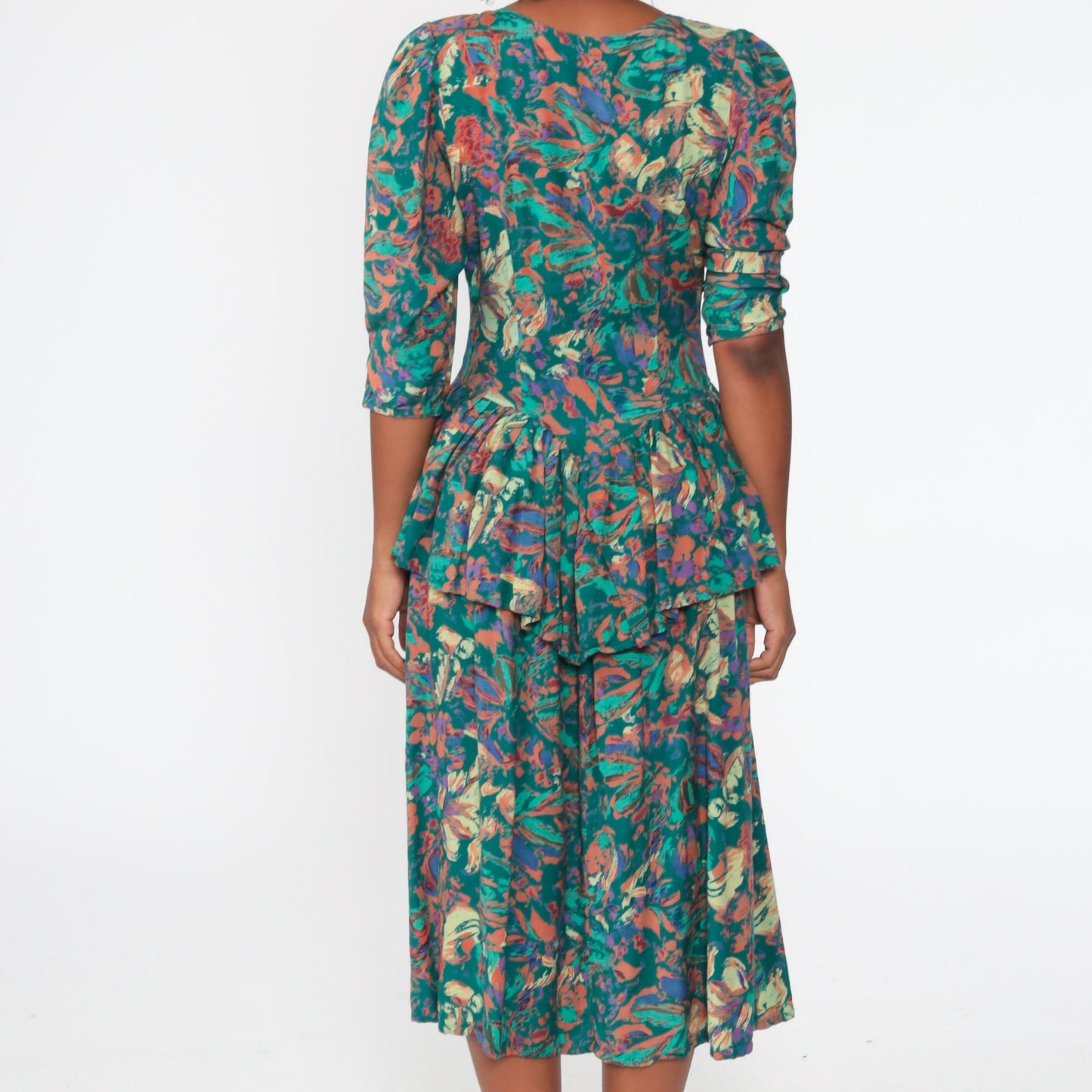 90s Green Floral Peplum Dress Button-Up 3/4 Puff Sleeve Midi Small