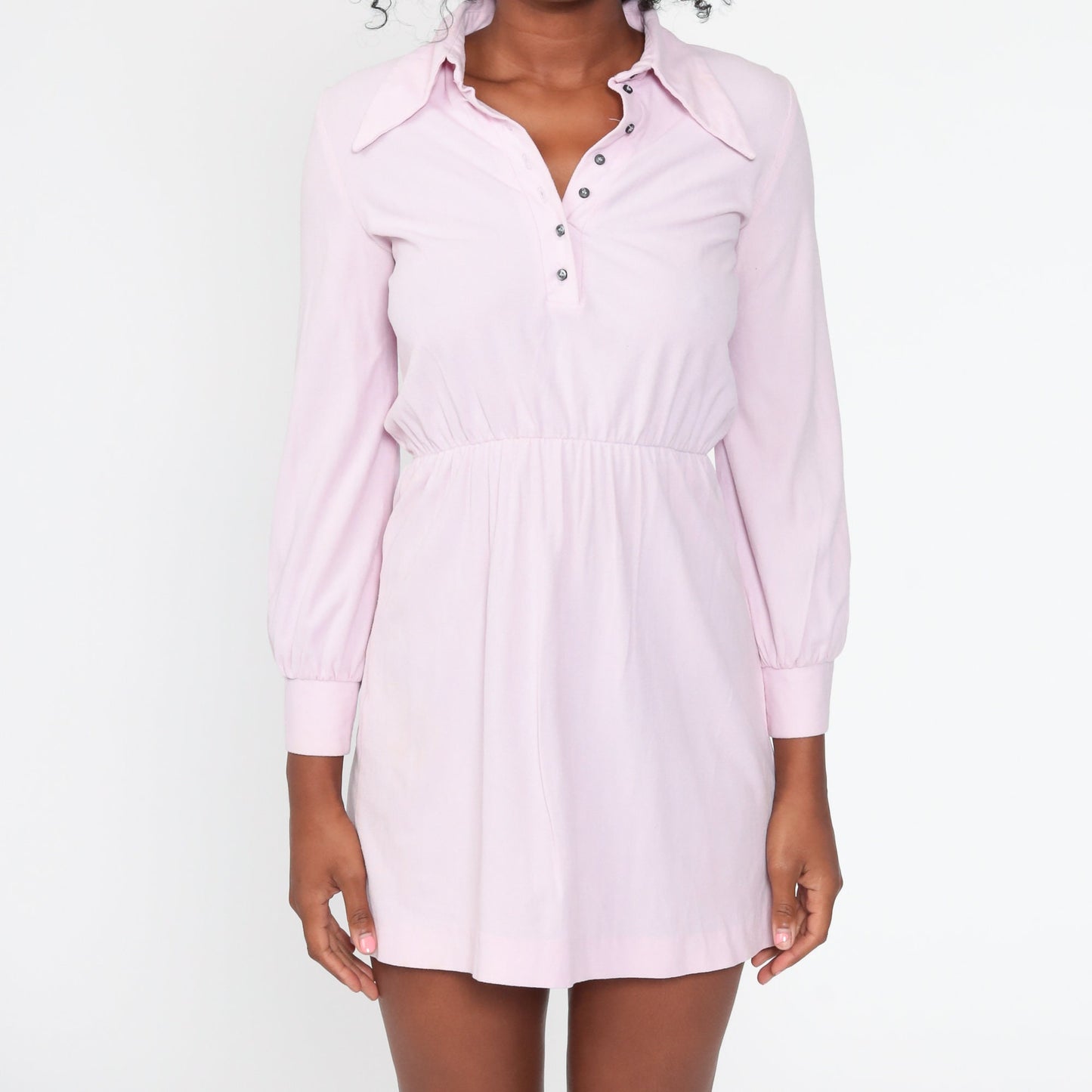 70s Lavender Dagger Collar Mini Dress Button-Up Long Sleeve High Waisted Extra Small