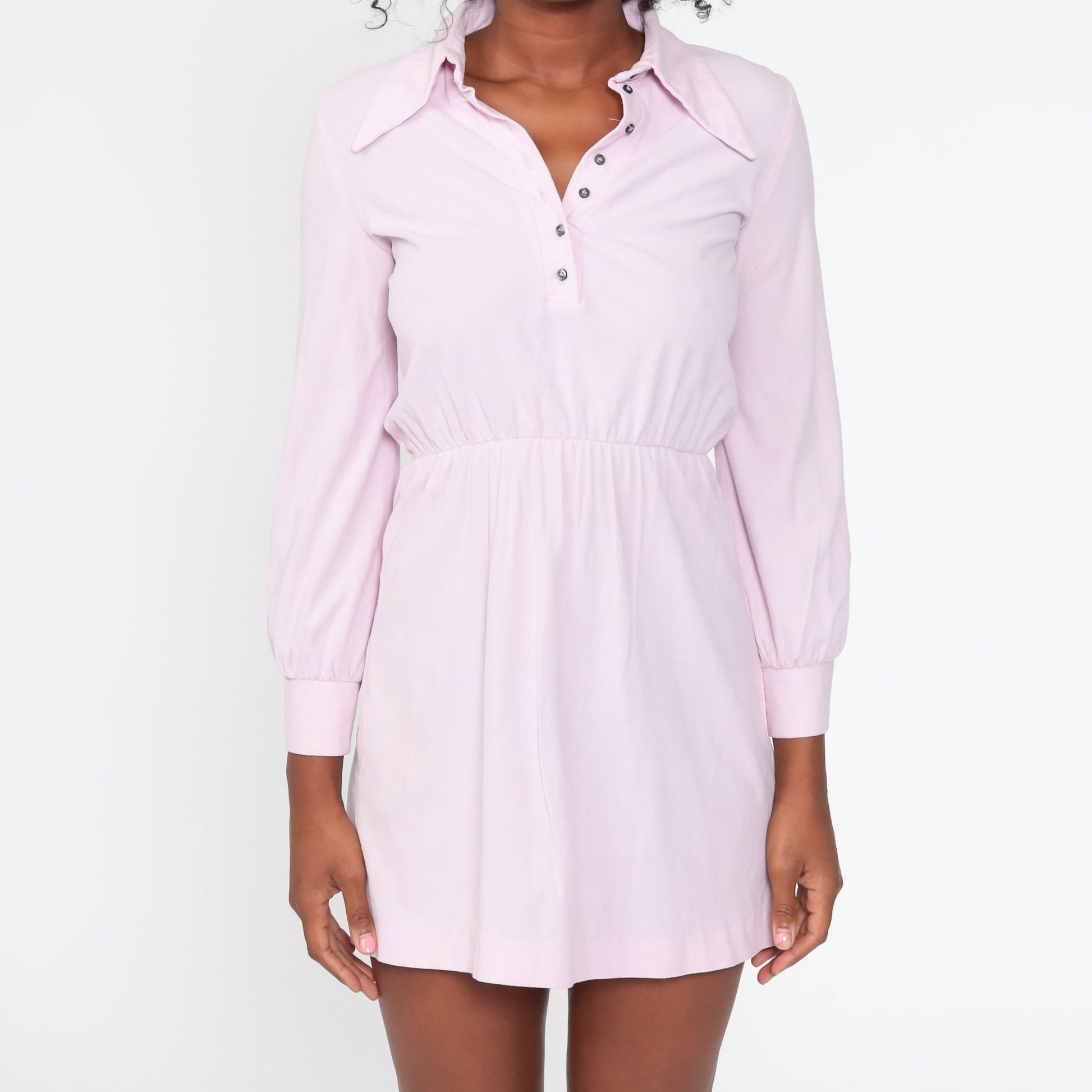 70s Lavender Dagger Collar Mini Dress Button-Up Long Sleeve High Waisted Extra Small