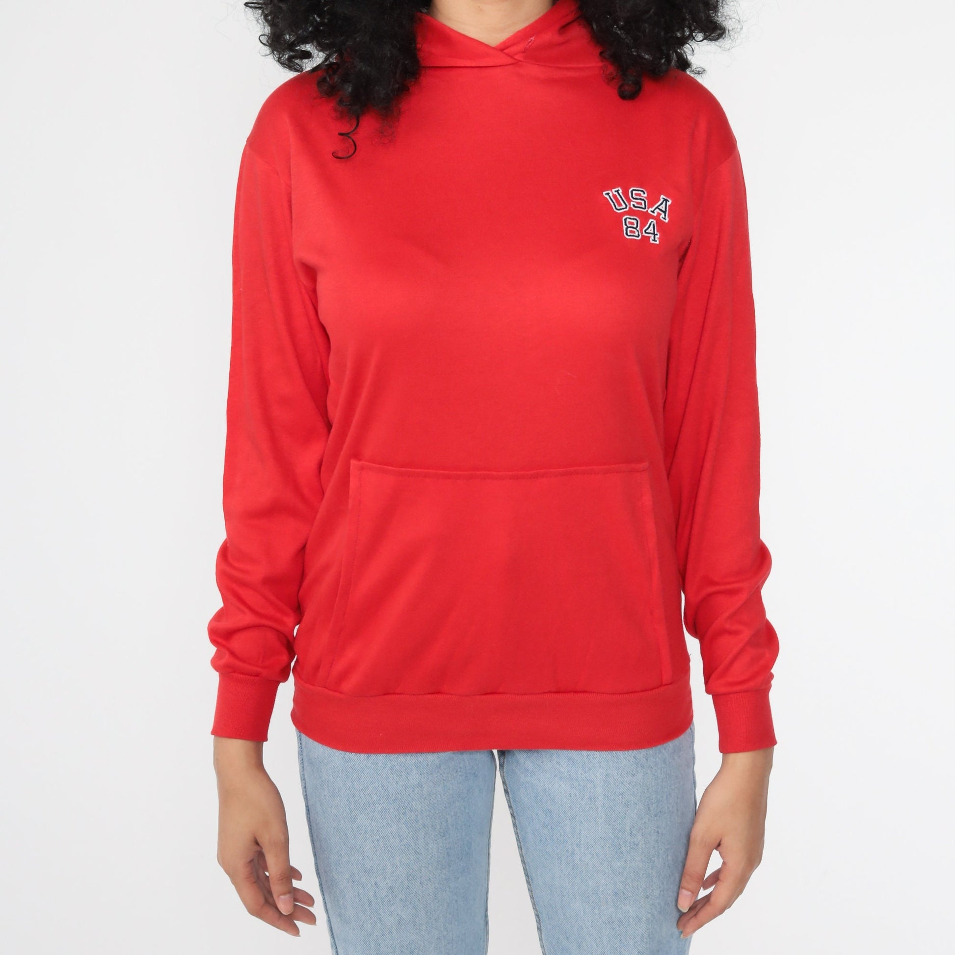 1984 USA Olympics Hooded T-Shirt Kangaroo Pocket Red Small
