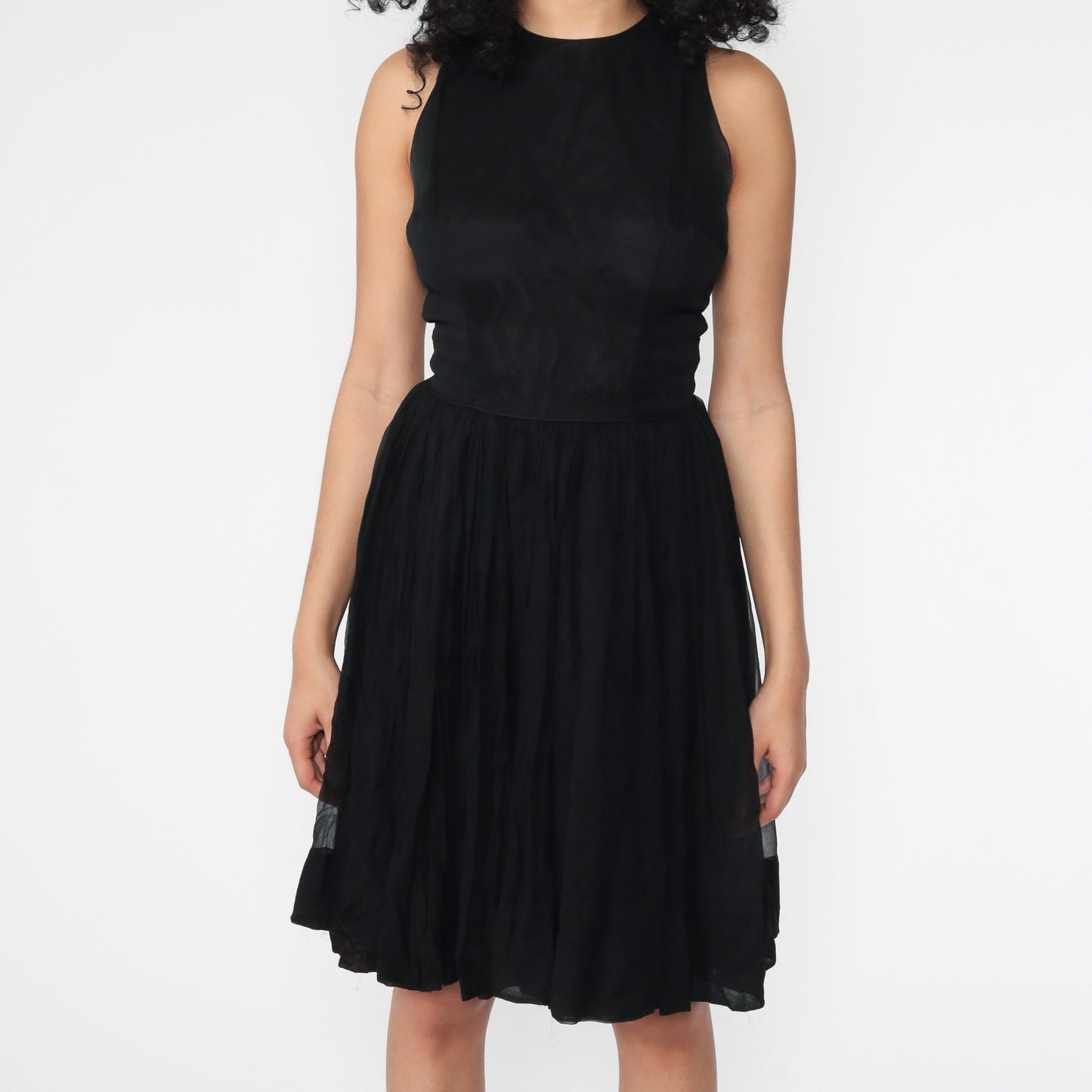 60s Jonathan Logan Black Chiffon Midi Dress High Waist Extra Small