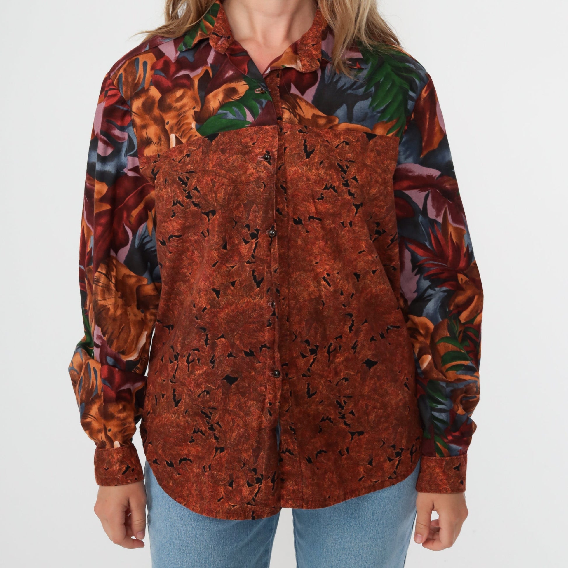 90s Elephant Safari Jungle Animal Print Button-Up Blouse Burnt Orange Medium