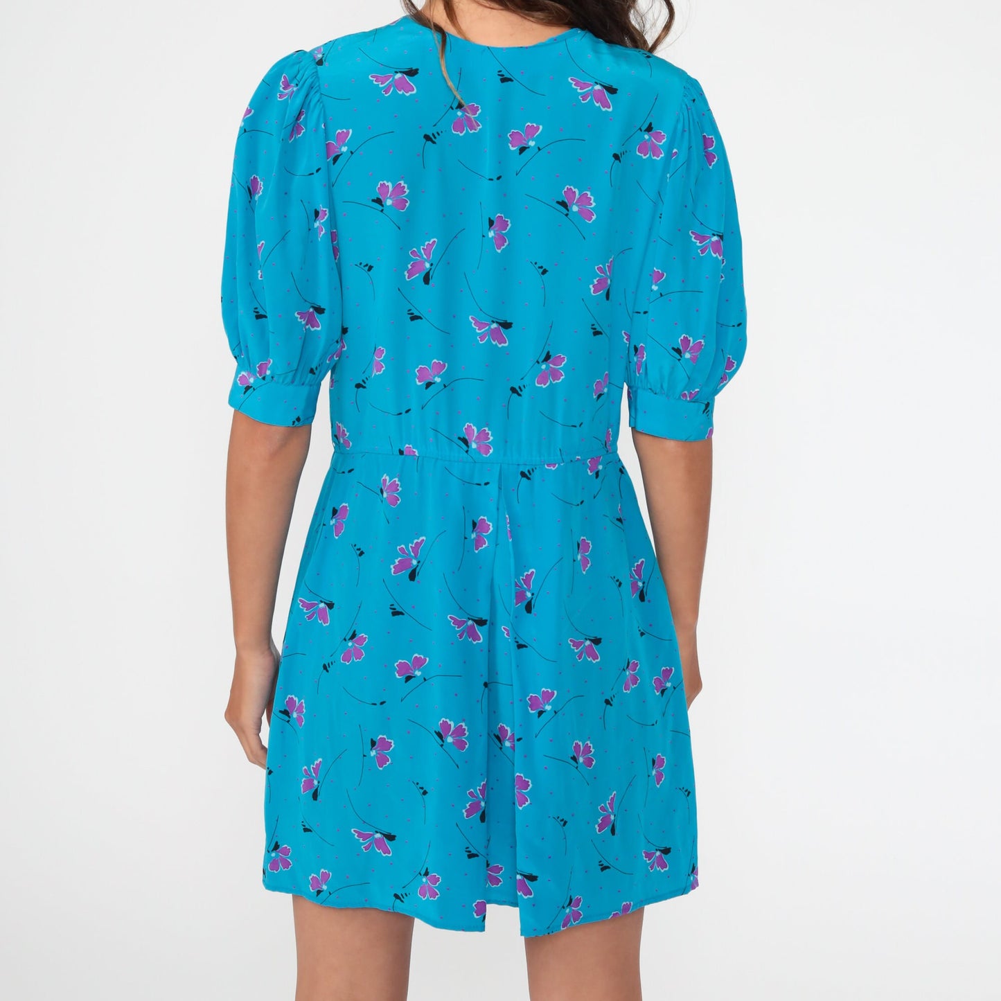 80s Blue Floral Puff Sleeve Mini Dress Button-Up Shirtwaist Small Medium