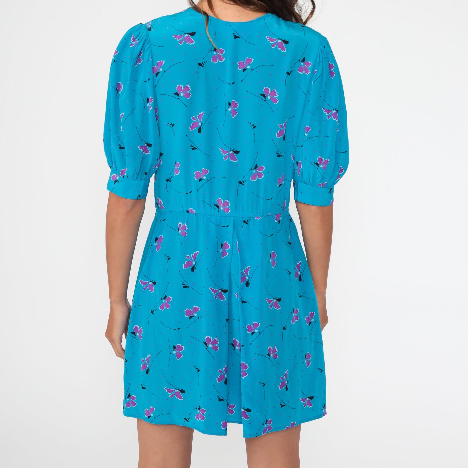80s Blue Floral Puff Sleeve Mini Dress Button-Up Shirtwaist Small Medium