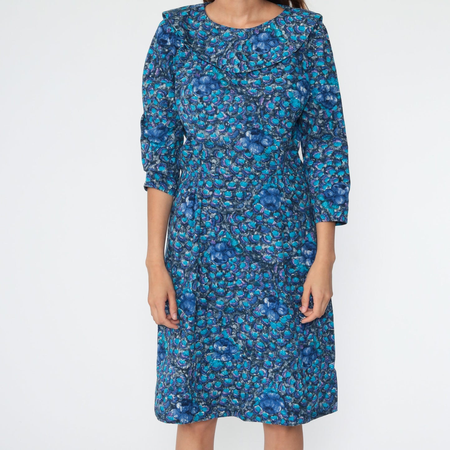 1960s Blue Floral Midi Dress 3/4 Sleeve High Waist Sheath Medium 8