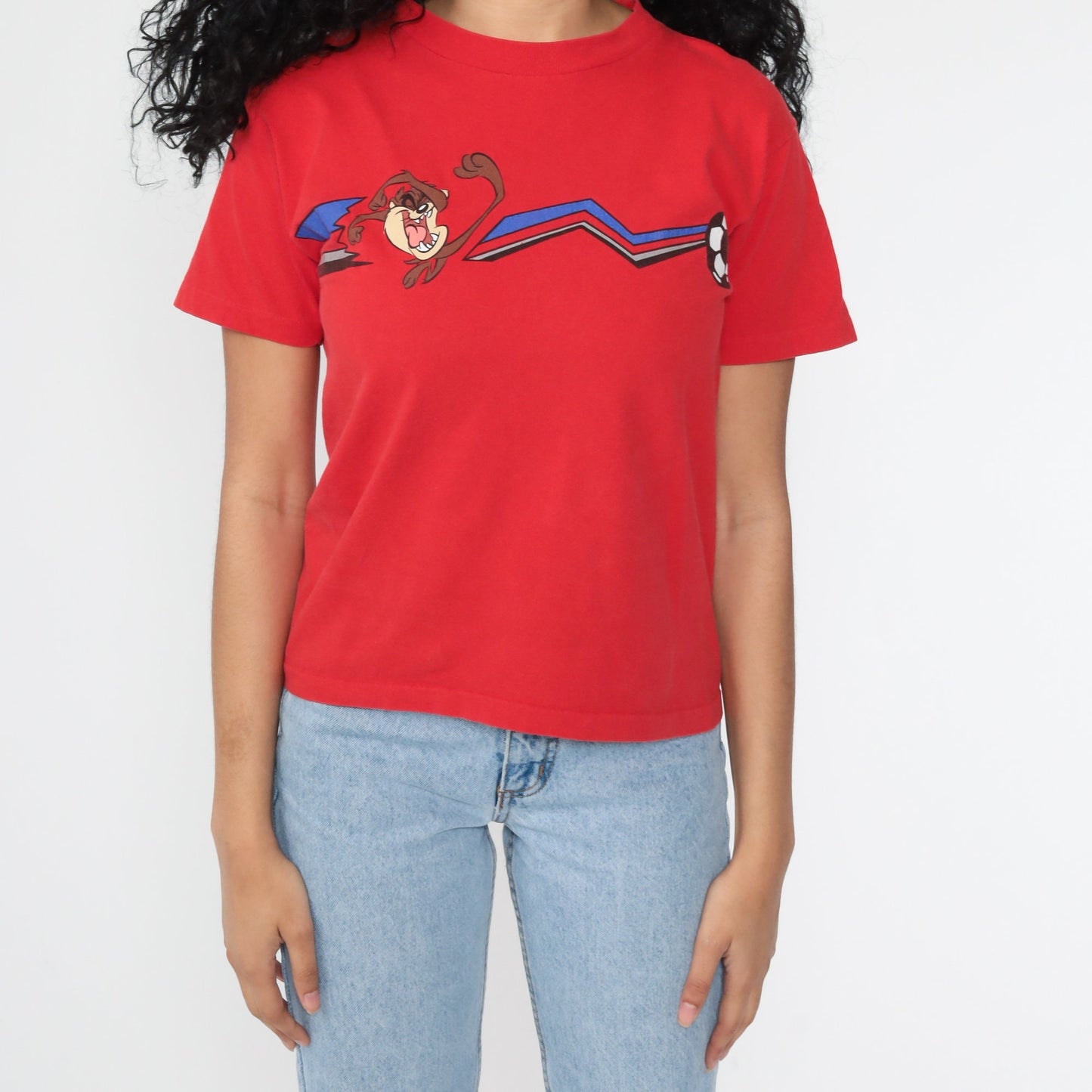 90s Looney Tunes Taz Soccer Graphic T-Shirt Warner Bros Red Small
