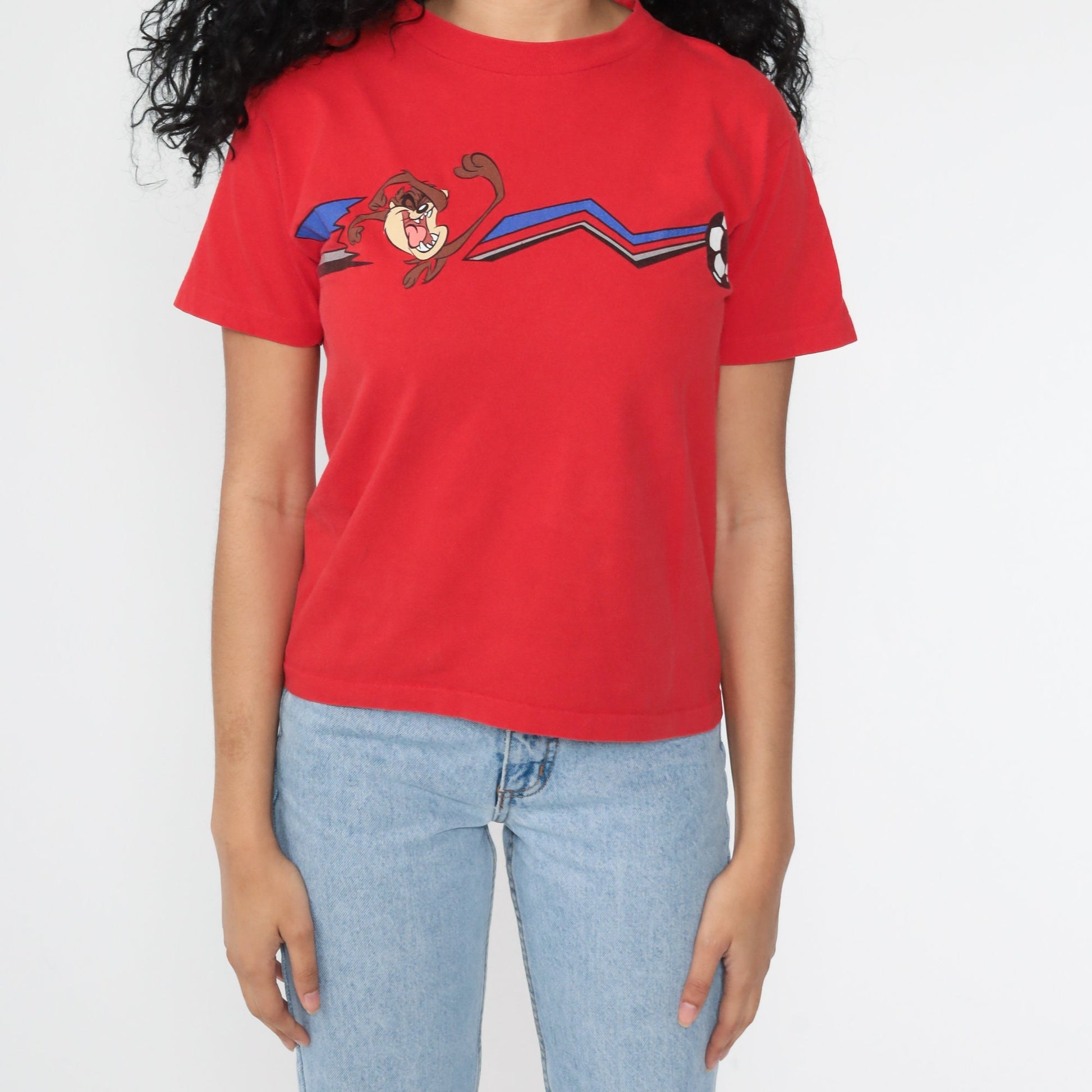 90s Looney Tunes Taz Soccer Graphic T-Shirt Warner Bros Red Small