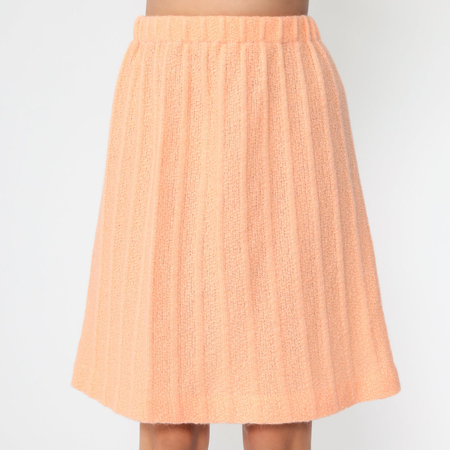 70s Peach Ribbed Knit Mini Skirt High Waist A-Line Small