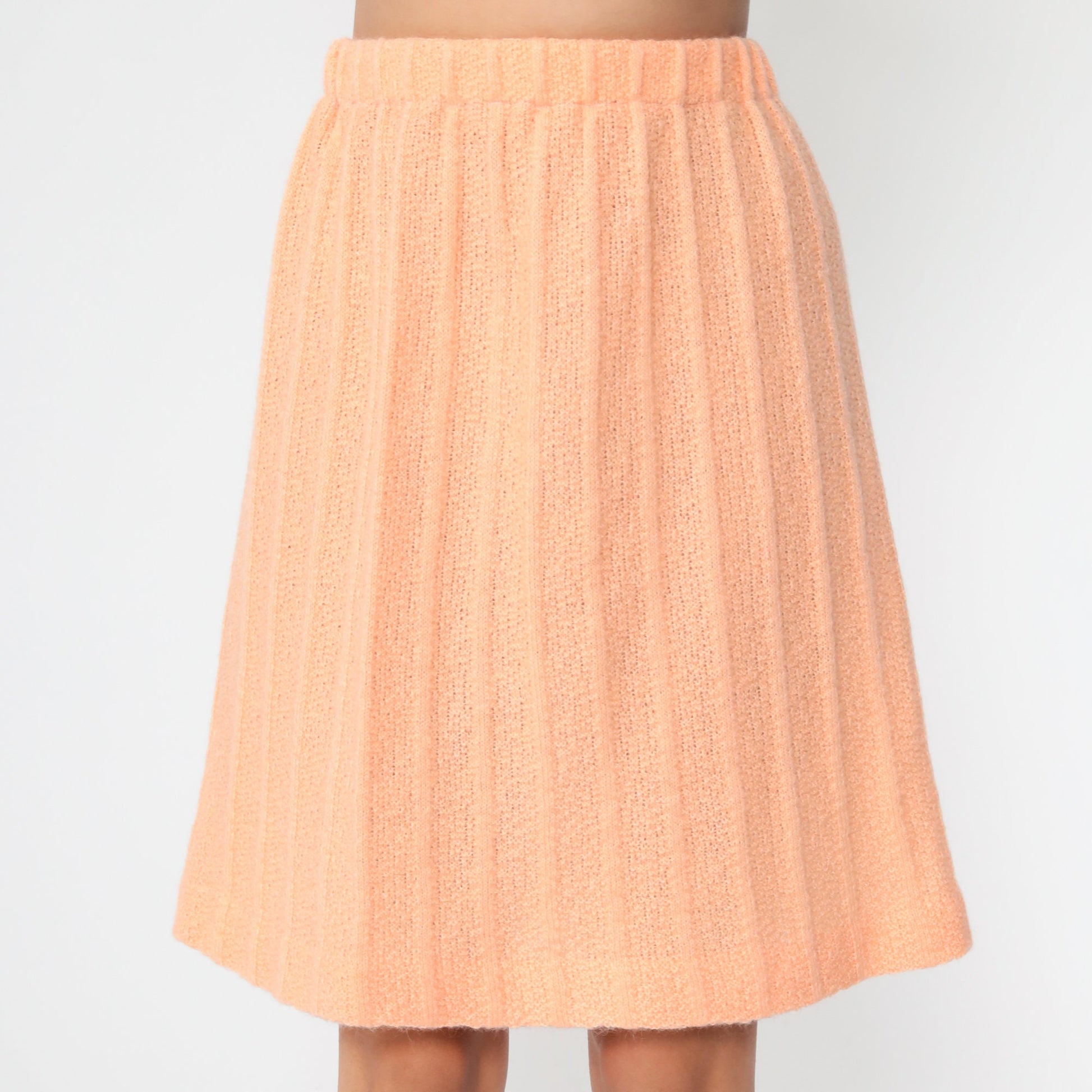 70s Peach Ribbed Knit Mini Skirt High Waist A-Line Small