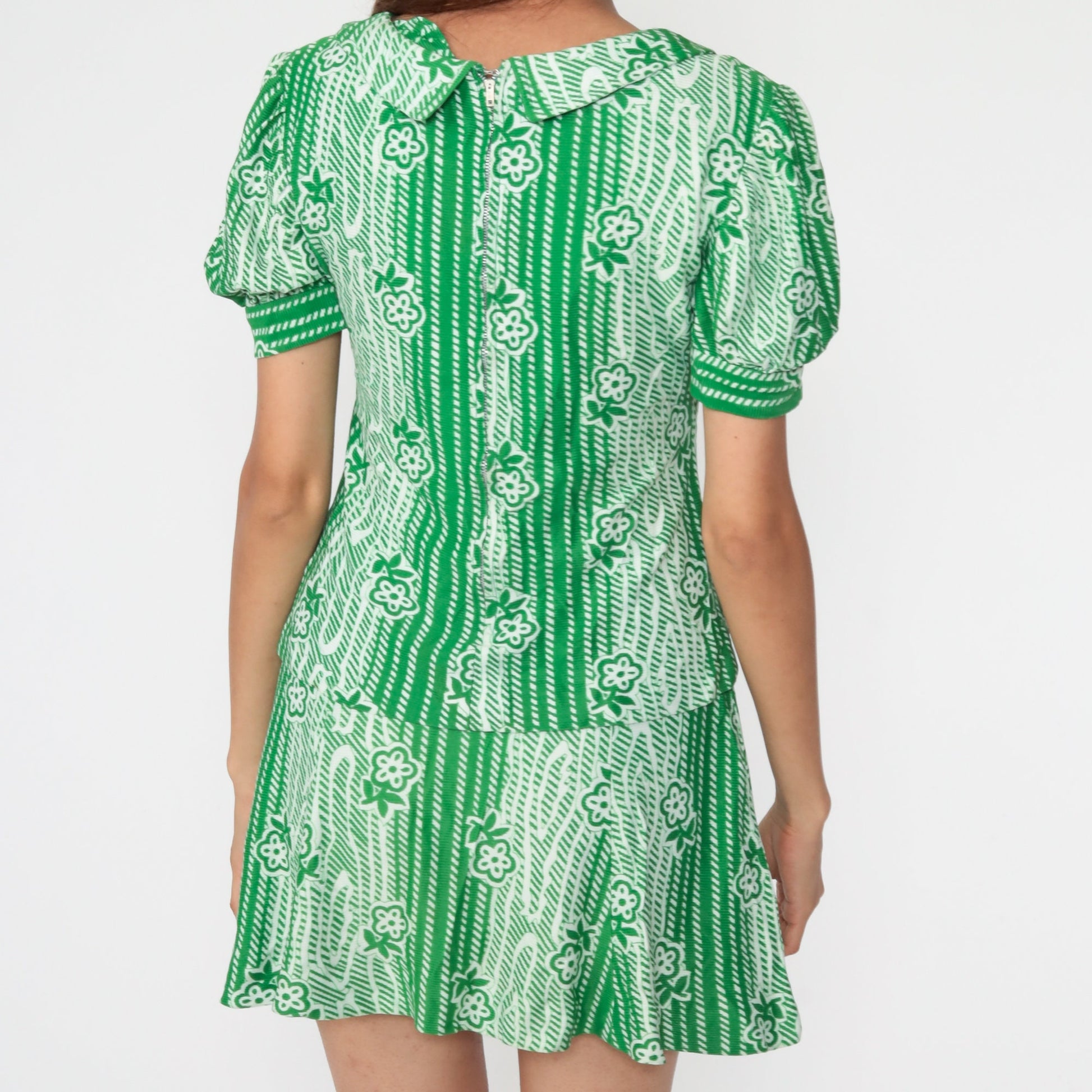70s Green Floral Two-Piece Mini Dress Set Puff Sleeve Peter Pan Collar Extra Small