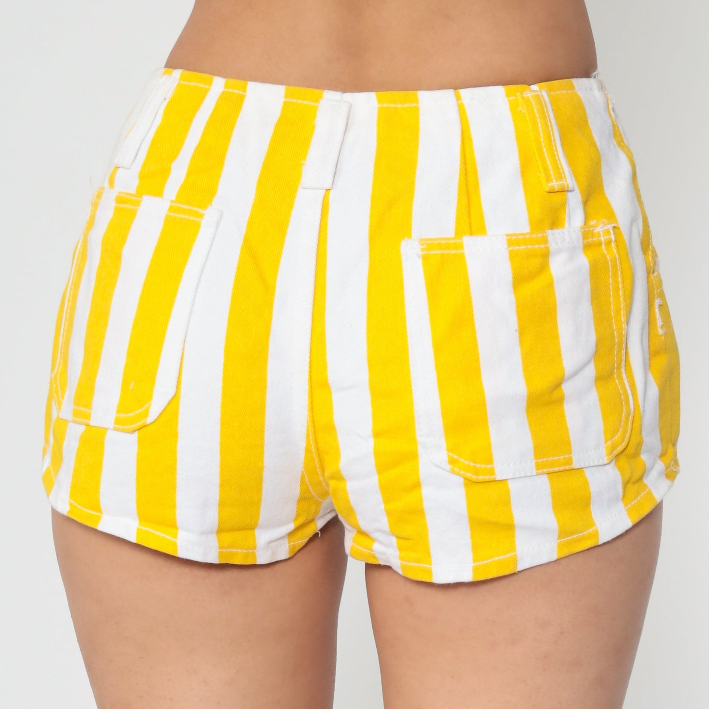 80s Striped Yellow Denim Shorts Mid Rise Jean Hotpants Small