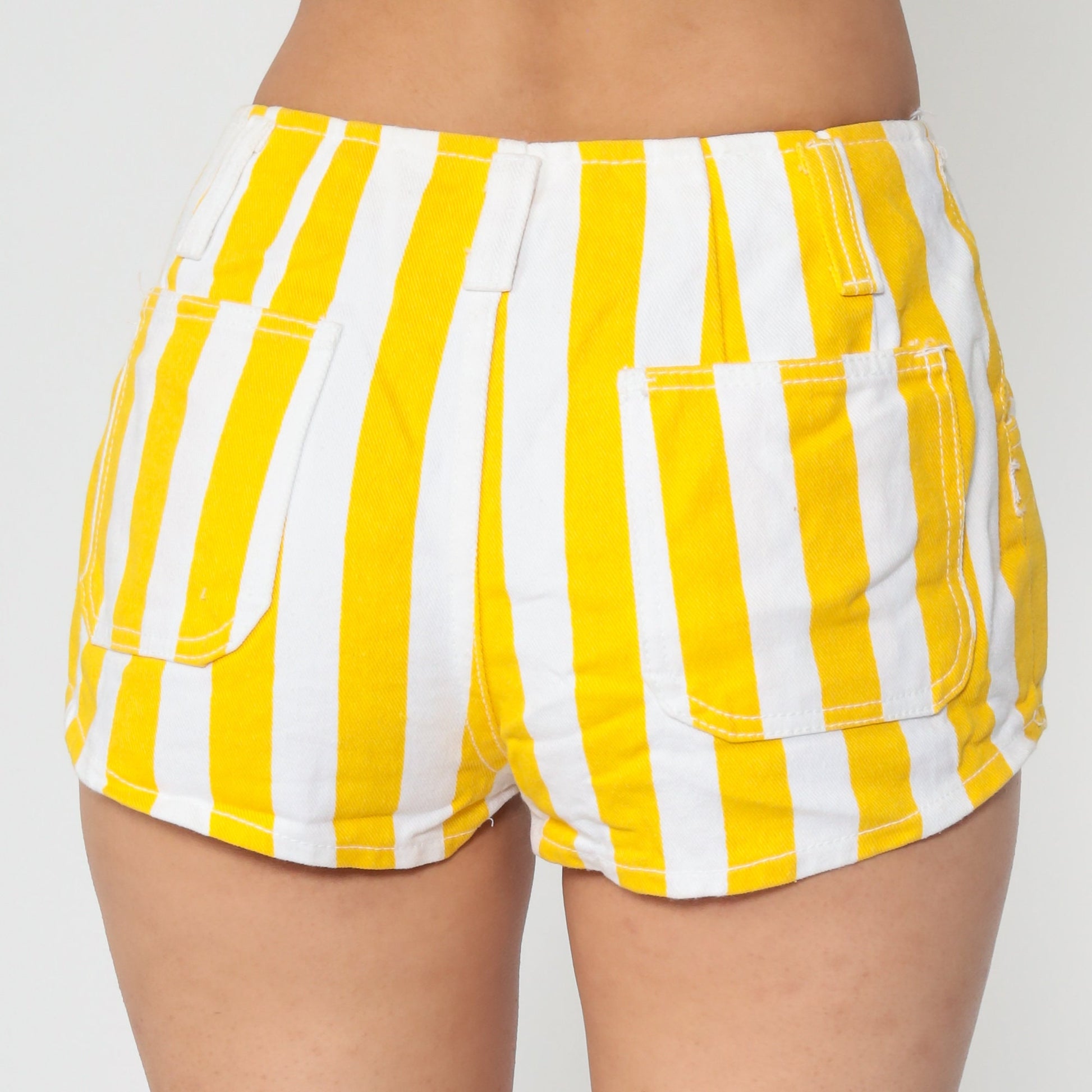 80s Striped Yellow Denim Shorts Mid Rise Jean Hotpants Small