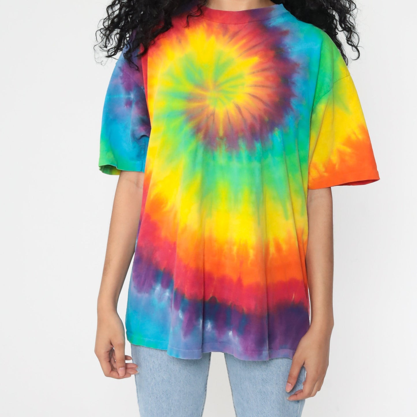90s Tie Dye T-Shirt Yellow Green Blue Swirl Print Graphic Tee Large