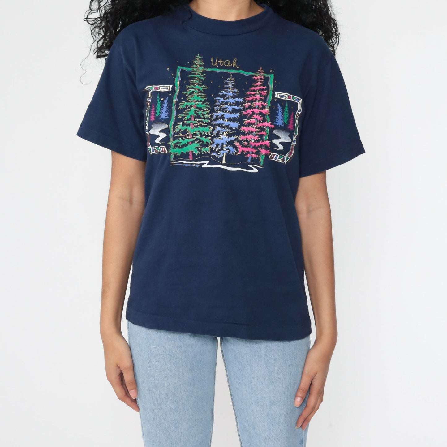 80s Utah Tree Graphic Tee Single Stitch Gold Glitter Navy Small