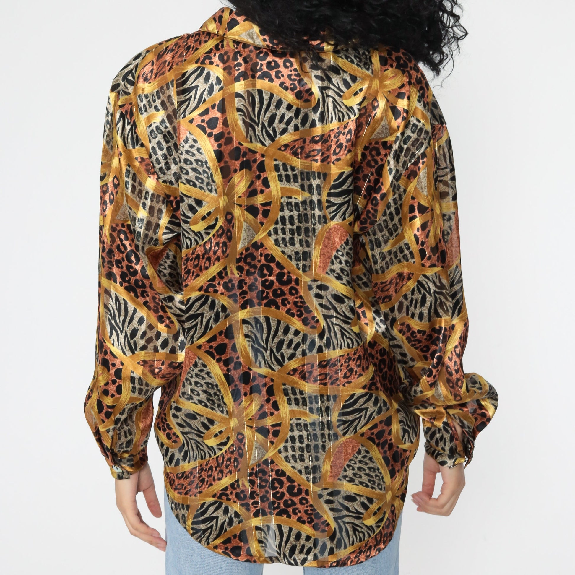 Leopard Print Blouse Gold Stripes Long Sleeve Button Up Medium