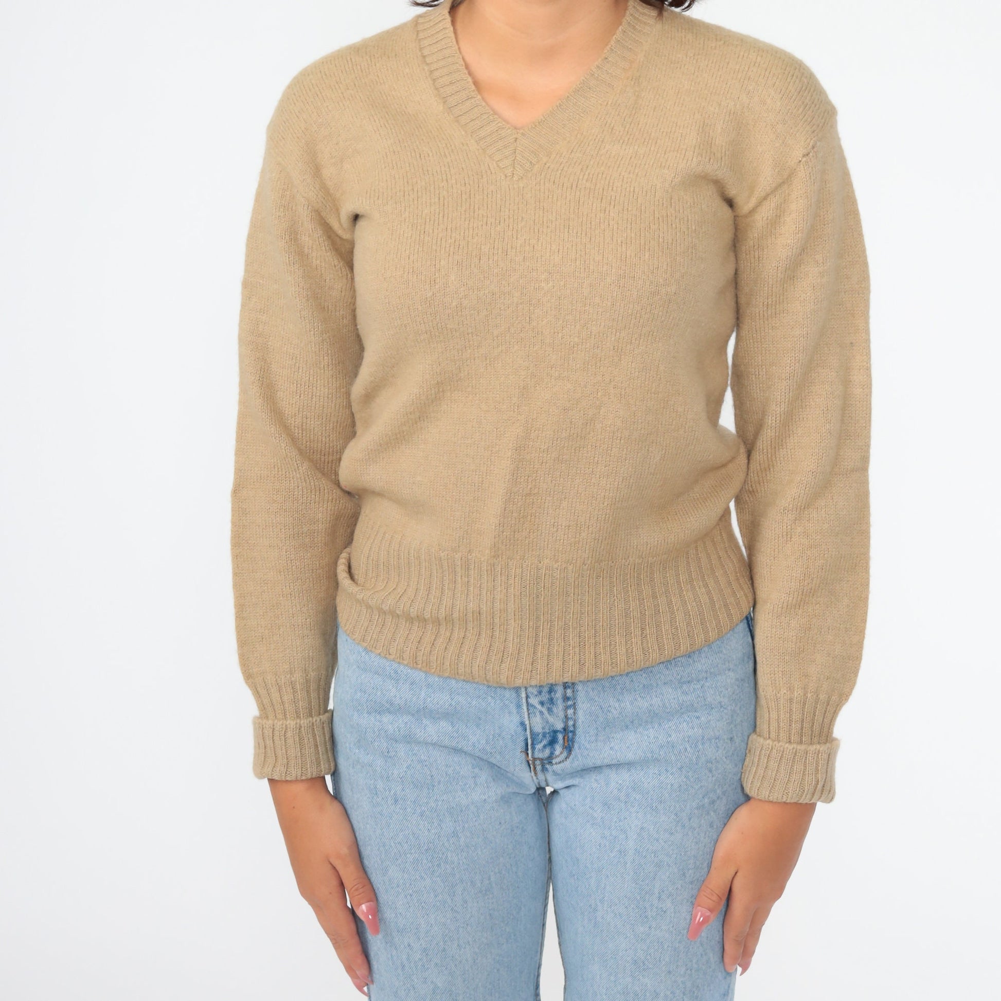 80s Wool V-Neck Sweater Tan Pullover Knit Extra Small XS