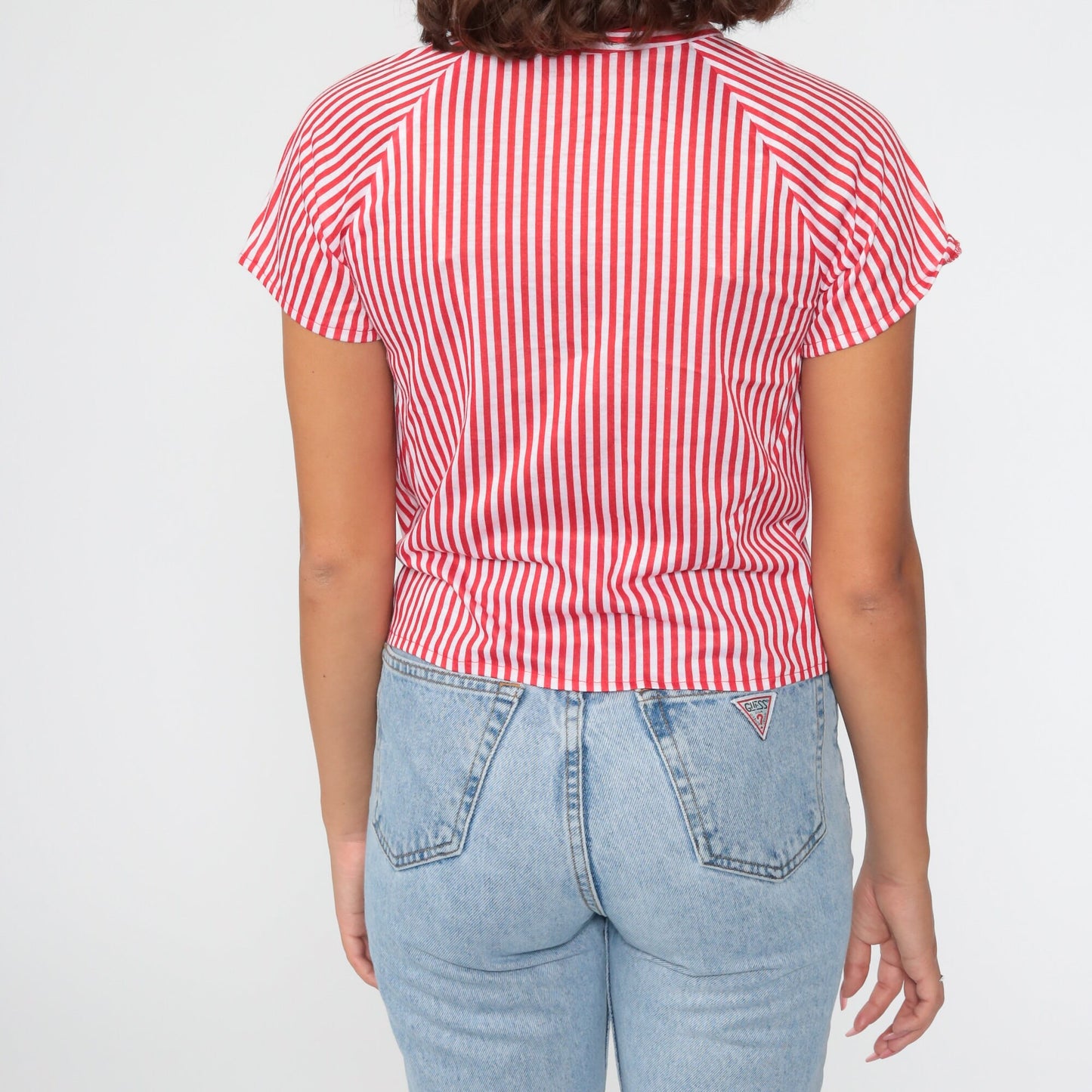 80s Red White Striped V-Neck Raglan Sleeve Top Extra Small