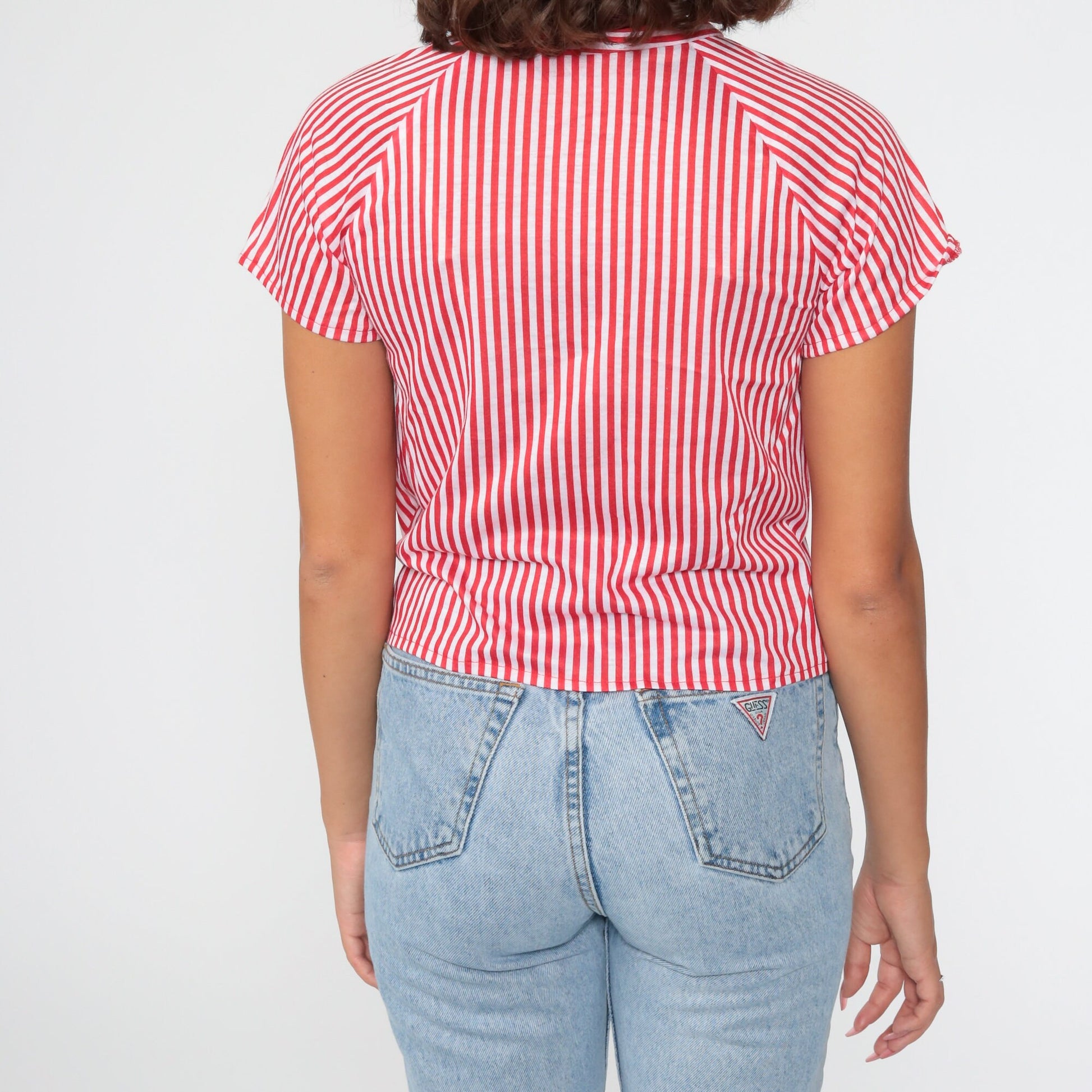 80s Red White Striped V-Neck Raglan Sleeve Top Extra Small